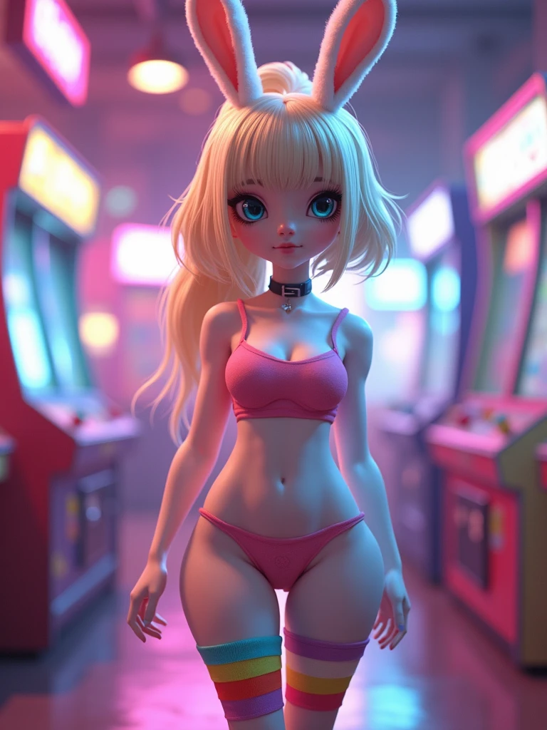 female, anthropomorphic rabbit, white fur, blue eyes, solo, blonde hair, ponytail, straight bangs, blue eyes, short, curvy body, flat chest, pink croptop, shorts, rainbow thigh high, indoors, arcade, highly detailed, realistic
