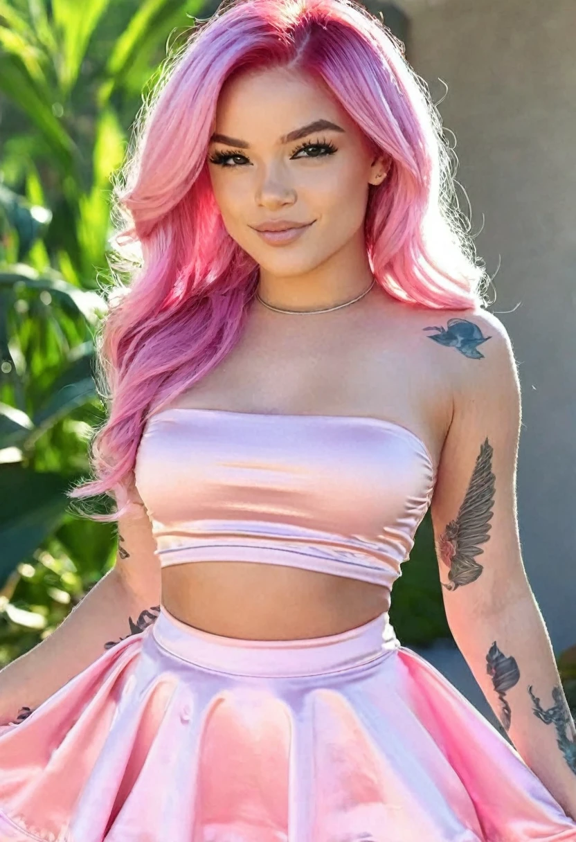 ((high quality:1.2)), (8k), extremely detailed, ((High detail:1.2)), ((best resolution:1.4)), (Elsa Jean with pink hair), Solo, ((24 years old brazilian female:1.45)), ((crop top, micro-skirt)), (perfect hot body, thick thighs), (standing),
