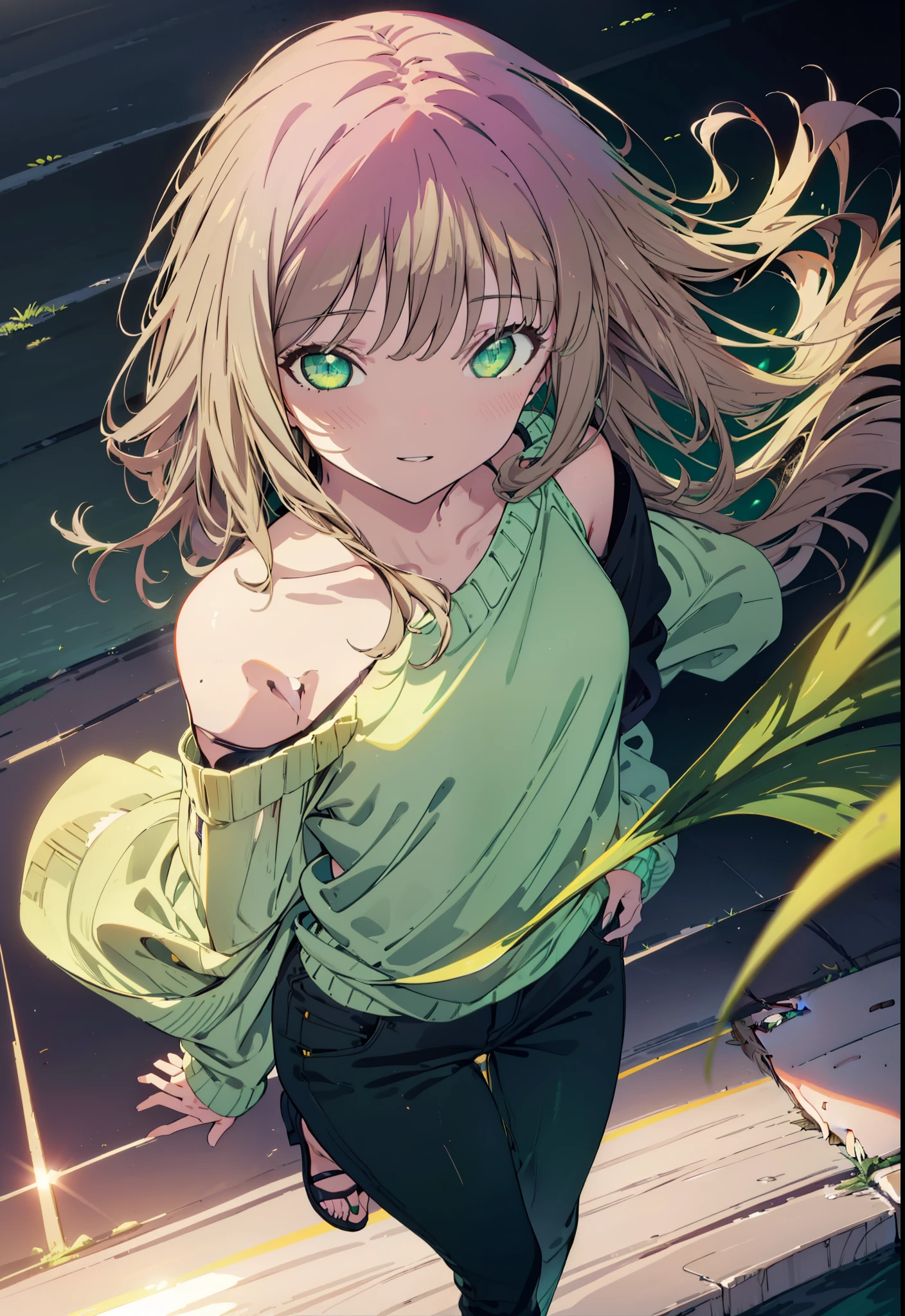 minami yume ,sss Dynazenon ,Long Hair, Brown Hair, (Green Eyes:1.5) ,smile,Open your mouth,Mid-chest,One-shoulder sweater,Skinny jeans,Stiletto heels,Walking,The sun is rising,morning,morning陽,whole bodyがイラストに入るように,
break looking at viewer, whole body,
break outdoors, Building district,
break (masterpiece:1.2), Highest quality, High resolution, unity 8k wallpaper, (shape:0.8), (Beautiful and beautiful eyes:1.6), Highly detailed face, Perfect lighting, Highly detailed CG, (Perfect hands, Perfect Anatomy),