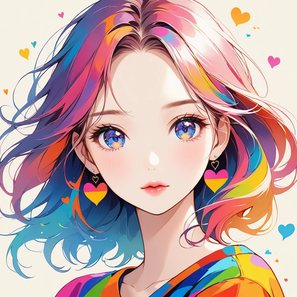 Micho colorful style, Simple Line Initialism，Abstract art，Urban Background, (((The most beautiful girl of all time))), Sweet face. Lips in love, colorful hearts, stylish design