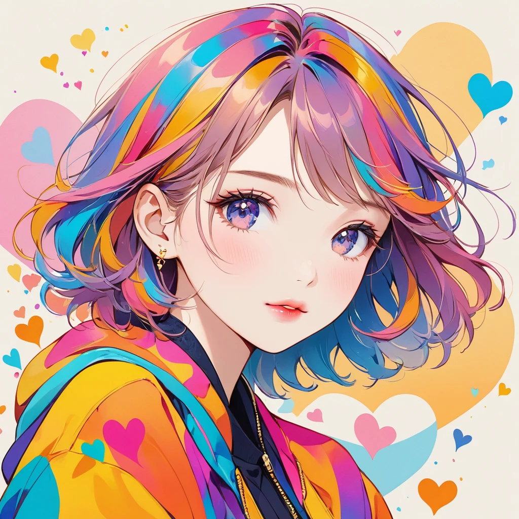 Micho colorful style, Simple Line Initialism，Abstract art，Urban Background, (((The most beautiful girl of all time))), Sweet face. Lips in love, colorful hearts, stylish design