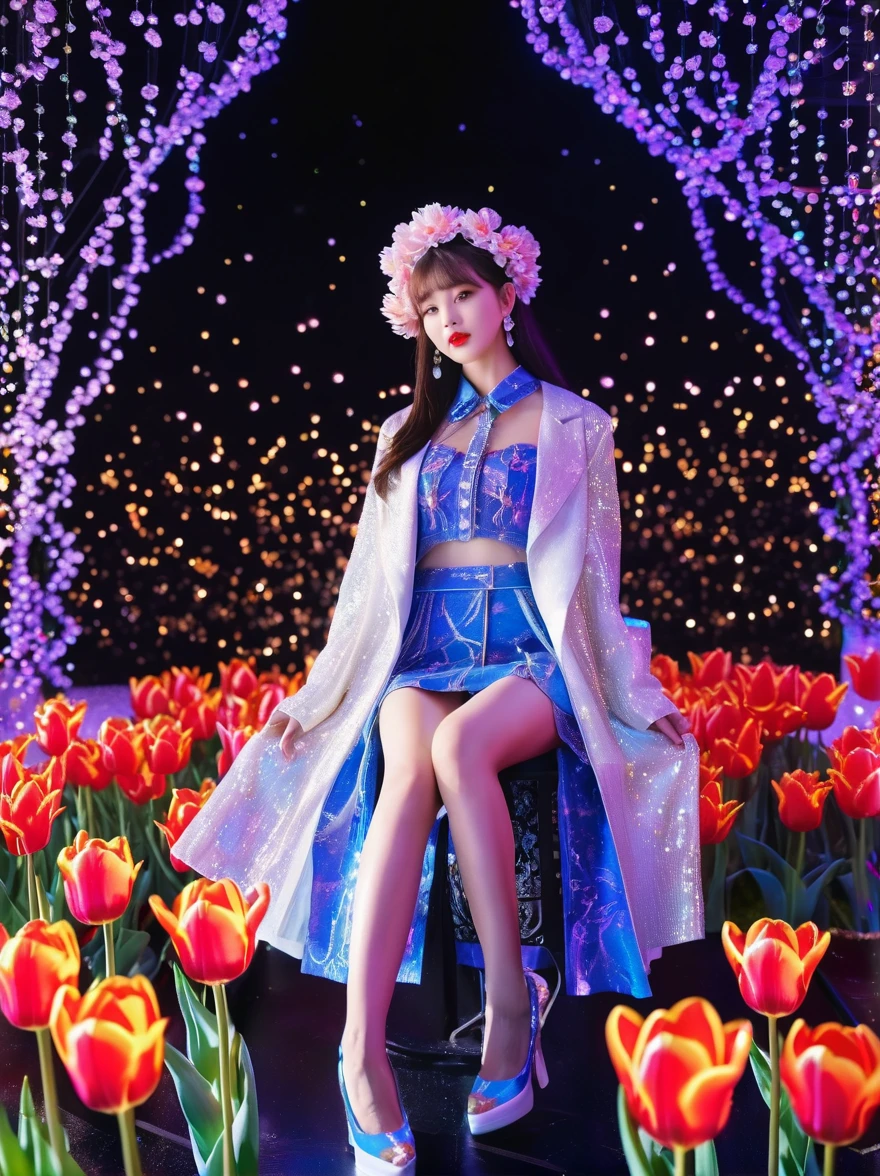 (3D，Mechanical feel，cute，ais-scrapyrd 1girl，tulip)，(使用广角镜头拍摄whole body图像:1.9)，(masterpiece:1.1)，(Highest quality:1.1)，(HDR:1.0)，Ambient Light，Ultra high quality，(Ultra-detailed original illustrations)，(1 Girl，whole body)，(彩虹tulip花裙)，(Slender thighs)，(由tulip花朵制成的鞋子: 1.5)，((Harajuku Fashion))，((Flowers with human eyes，Eye disease))，Double Exposure，Fusion of Fluid Abstract Art，Fault，(Original illustration composition)，(Limited color blending，Extreme art style，Geometric artstyle), , Colorful neon lights，High-tech mechanical parts，Metal body，(详细的振金tulip花朵设计:1.9)，Vibrant colors，动态发光tulip花朵，Reflective metal surface，Bright environment，Dynamic poses，Exquisite existence，Skills Improvement，Interlocking mechanical gears，Stylish design，motion blur effect，Detailed metal treatment，Sci-fi atmosphere，Streamlined aerodynamic shape，Laser scanning pattern，Holographic projection，LED light track，Beautiful and unforgettable，Advanced sensors，Complex algorithms，Ominous and mysterious atmosphere，Electric Spark，Shiny chrome，Propulsion systems of the future，(Best quality，8k，high resolution，masterpiece:1.2)，Super detailed，(whole body:1.8), magazine photography，一个cute的女孩形象，Popular on social platforms，((Dopamineism))，(((Dopamine color matching)))，Dopamine，(in the style of Y2K)，Luo Erchun，3D古风，Oriental poetry and painting