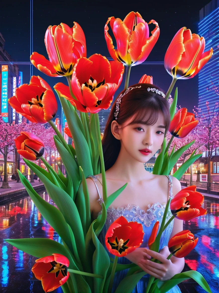 (3D,Mechanical feel,cute,ais-scrapyrd 1girl,tulip),(使用广角镜头拍摄whole body图像:1.9),(masterpiece:1.1),(Highest quality:1.1),(HDR:1.0),Ambient Light,Ultra high quality,(Ultra-detailed original illustrations),(1 Girl,whole body),(彩虹tulip花裙),(Slender thighs),(由tulip花朵制成的鞋子: 1.5),((Harajuku Fashion)),((Flowers with human eyes,Eye disease)),Double Exposure,Fusion of Fluid Abstract Art,Fault,(Original illustration composition),(Limited color blending,Extreme art style,Geometric artstyle), , Colorful neon lights,High-tech mechanical parts,Metal body,(详细的振金tulip花朵设计:1.9),Vibrant colors,动态发光tulip花朵,Reflective metal surface,Bright environment,Dynamic poses,Exquisite existence,Skills Improvement,Interlocking mechanical gears,Stylish design,motion blur effect,Detailed metal treatment,Sci-fi atmosphere,Streamlined aerodynamic shape,Laser scanning pattern,Holographic projection,LED light track,Beautiful and unforgettable,Advanced sensors,Complex algorithms,Ominous and mysterious atmosphere,Electric Spark,Shiny chrome,Propulsion systems of the future,(Best quality,8k,high resolution,masterpiece:1.2),Super detailed,(whole body:1.8), magazine photography,一个cute的女孩形象,Popular on social platforms,((Dopamineism)),(((Dopamine color matching))),Dopamine,(in the style of Y2K),Luo Erchun,3D古风,Oriental poetry and painting