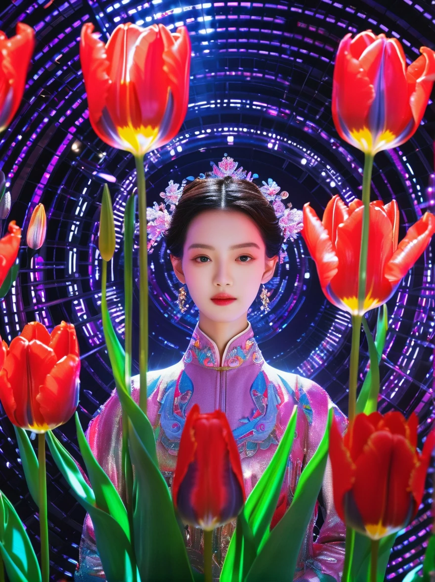 (3D，Mechanical feel，cute，ais-scrapyrd 1girl，tulip)，(使用广角镜头拍摄whole body图像:1.9)，(masterpiece:1.1)，(Highest quality:1.1)，(HDR:1.0)，Ambient Light，Ultra high quality，(Ultra-detailed original illustrations)，(1 Girl，whole body)，(彩虹tulip花裙)，(Slender thighs)，(由tulip花朵制成的鞋子: 1.5)，((Harajuku Fashion))，((Flowers with human eyes，Eye disease))，Double Exposure，Fusion of Fluid Abstract Art，Fault，(Original illustration composition)，(Limited color blending，Extreme art style，Geometric artstyle), , Colorful neon lights，High-tech mechanical parts，Metal body，(详细的振金tulip花朵设计:1.9)，Vibrant colors，动态发光tulip花朵，Reflective metal surface，Bright environment，Dynamic poses，Exquisite existence，Skills Improvement，Interlocking mechanical gears，Stylish design，motion blur effect，Detailed metal treatment，Sci-fi atmosphere，Streamlined aerodynamic shape，Laser scanning pattern，Holographic projection，LED light track，Beautiful and unforgettable，Advanced sensors，Complex algorithms，Ominous and mysterious atmosphere，Electric Spark，Shiny chrome，Propulsion systems of the future，(Best quality，8k，high resolution，masterpiece:1.2)，Super detailed，(whole body:1.8), magazine photography，一个cute的女孩形象，Popular on social platforms，((Dopamineism))，(((Dopamine color matching)))，Dopamine，(in the style of Y2K)，Luo Erchun，3D古风，Oriental poetry and painting