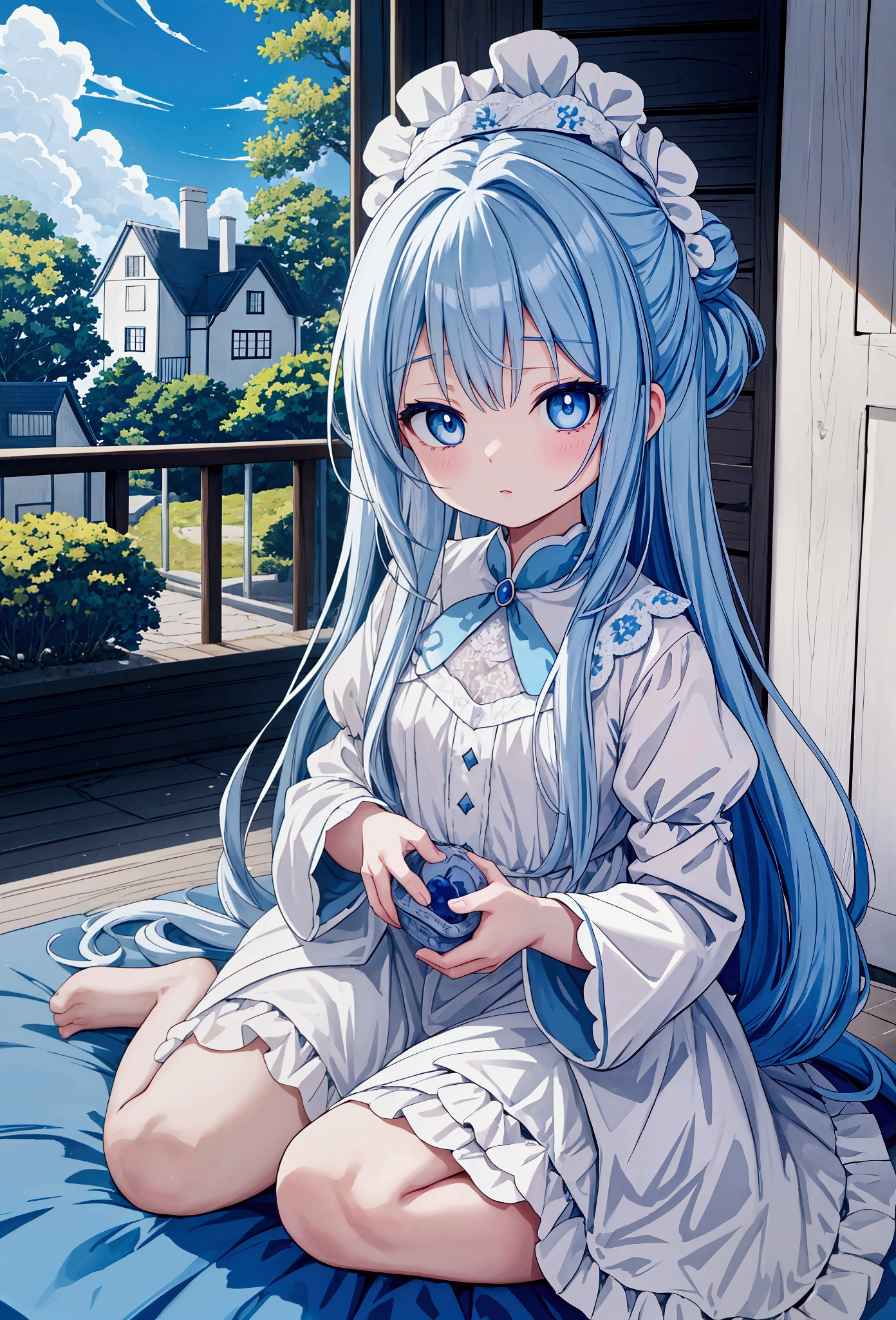 showing little house, アニメ, lace house, little white house, little clothing, hair blue, arte アニメ, visual de アニメ de uma linda garota, blue colored eyes. Iasinho in hair  