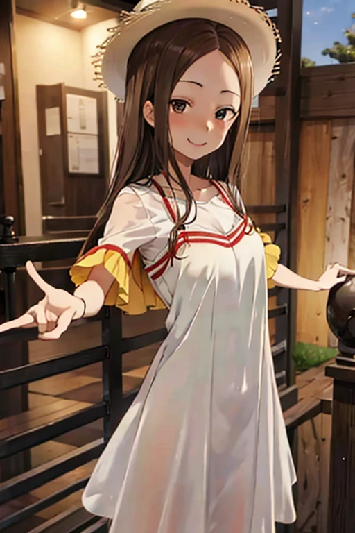 Takagi-san、Shiny brown hair, Straight Long Hair,((Mid-chest、amount、Center Part))、 Beautiful brown eyes、smile、Sparkling eyes, (fine grain)、Very beautiful eyes、Highly detailed face, Highly detailed eyes, Cowboy Shot、 


Absurd, One Girl, Ocean, handrail, White Dress, Sun hat, smile, (Realistic:0.75), (wave hands:0.9),