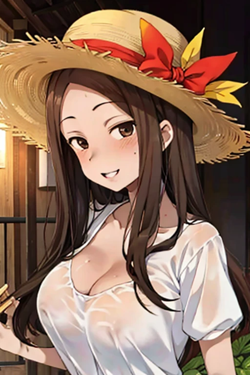 Takagi-san、Shiny brown hair, Straight Long Hair,((Mid-chest、amount、Center Part))、 Beautiful brown eyes、smile、Sparkling eyes, (fine grain)、Very beautiful eyes、Highly detailed face, Highly detailed eyes, Cowboy Shot、
Absurd, One Girl, Ocean, handrail, White Dress, Sun hat, smile, (Realistic:0.75), (wave hands:0.9),