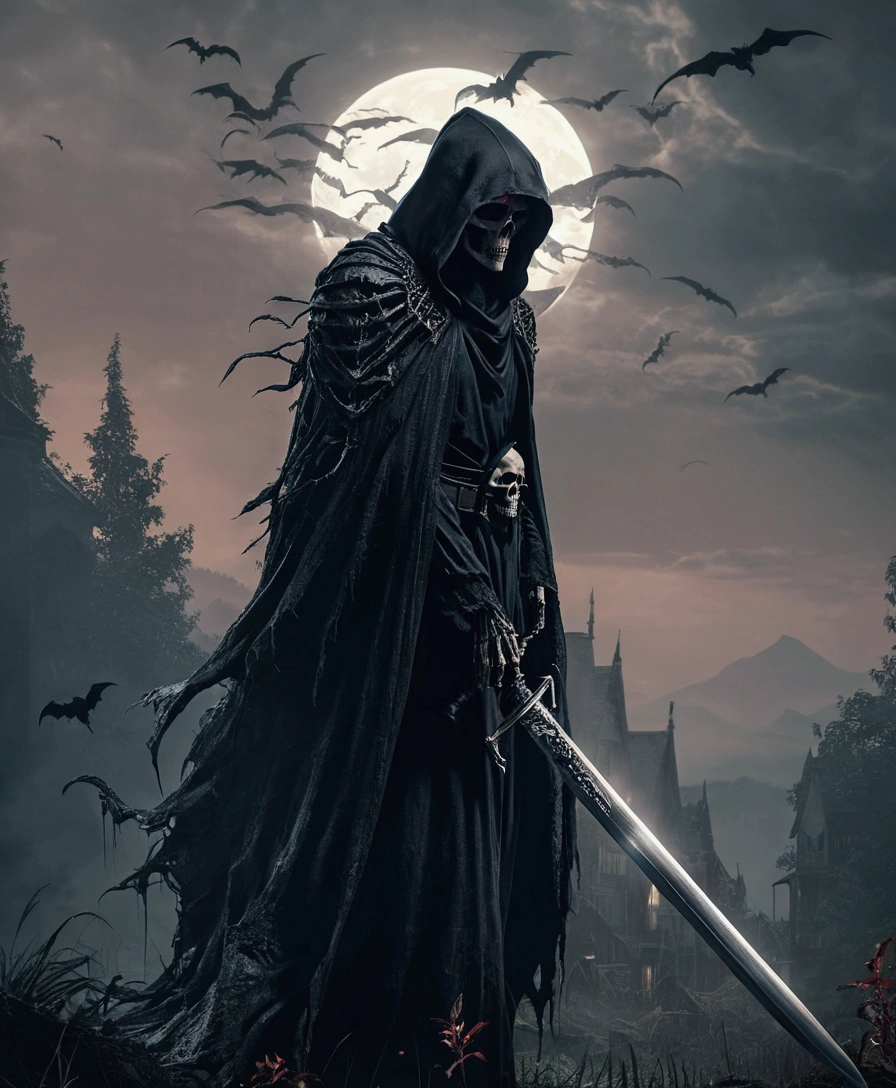 grim reaper,sword in hand,dark creature, natta,grim reaper,4K,imagem 4K,((High definition))