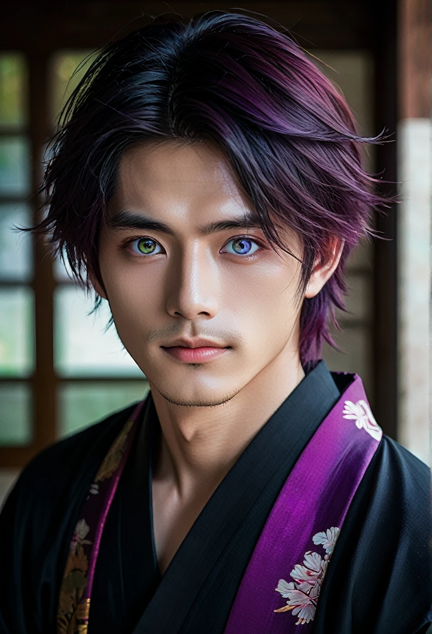 I want a young Japanese man, he has heterochromia, one eye is green and the other is purple, red hair color, and have a naughty smile, make him wearing a black and purple kimono. Um retrato realista, full hd 4k. Ires oculares de cor diferente uma roxa e outra verde, heterocromia de olhos de cores diferentes.