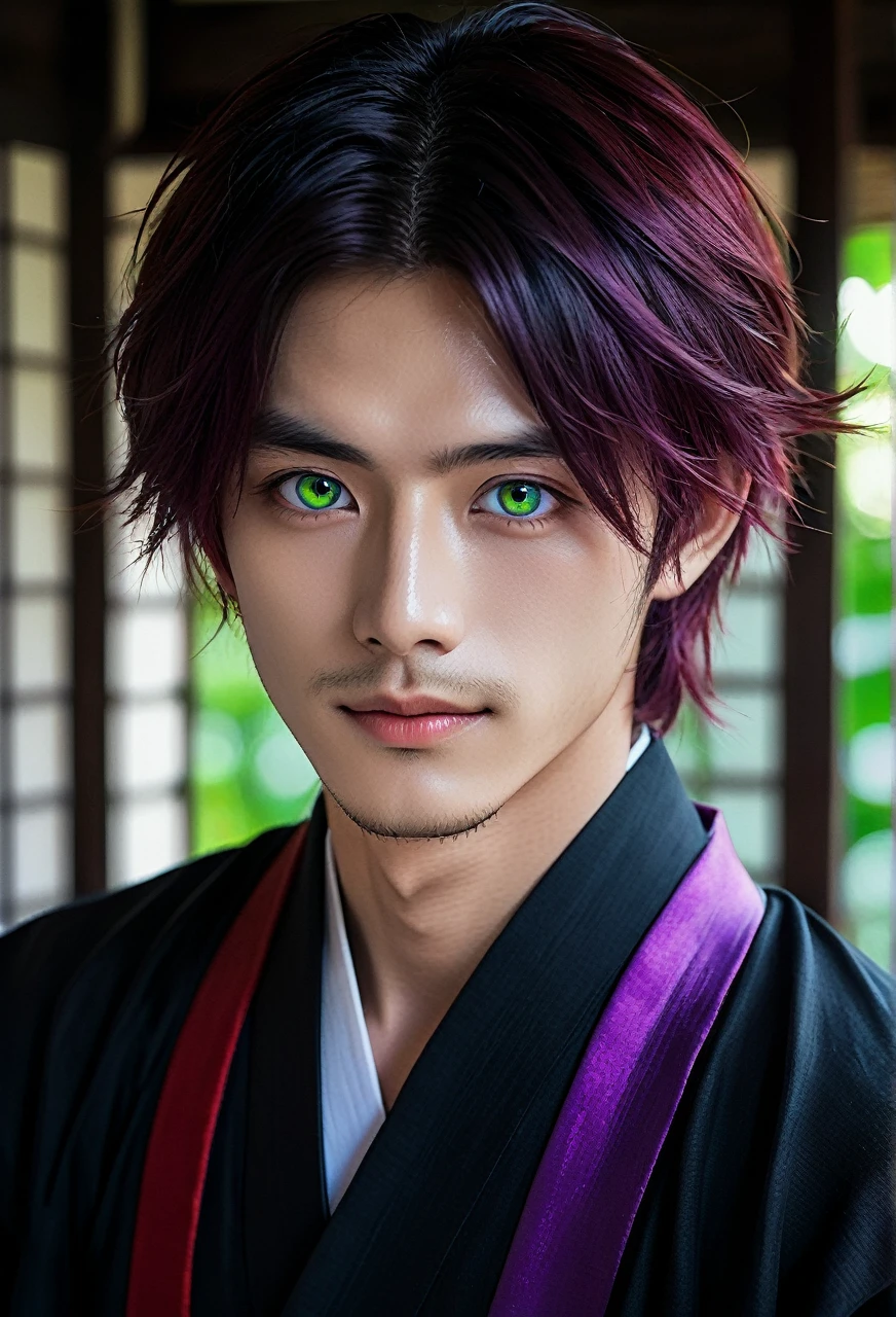 I want a young Japanese man, he has heterochromia, one eye is green and the other is purple, red hair color, and have a naughty smile, make him wearing a black and purple kimono. Um retrato realista, full hd 4k. Ires oculares de cor diferente uma roxa e outra verde, heterocromia de olhos de cores diferentes.