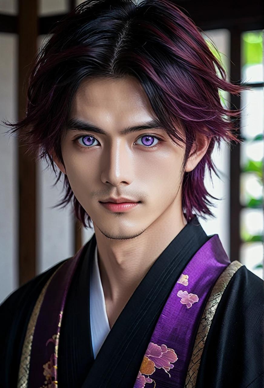 I want a young Japanese man, he has heterochromia, one eye is green and the other is purple, red hair color, and have a naughty smile, make him wearing a black and purple kimono. Um retrato realista, full hd 4k. Ires oculares de cor diferente uma roxa e outra verde, heterocromia de olhos de cores diferentes.