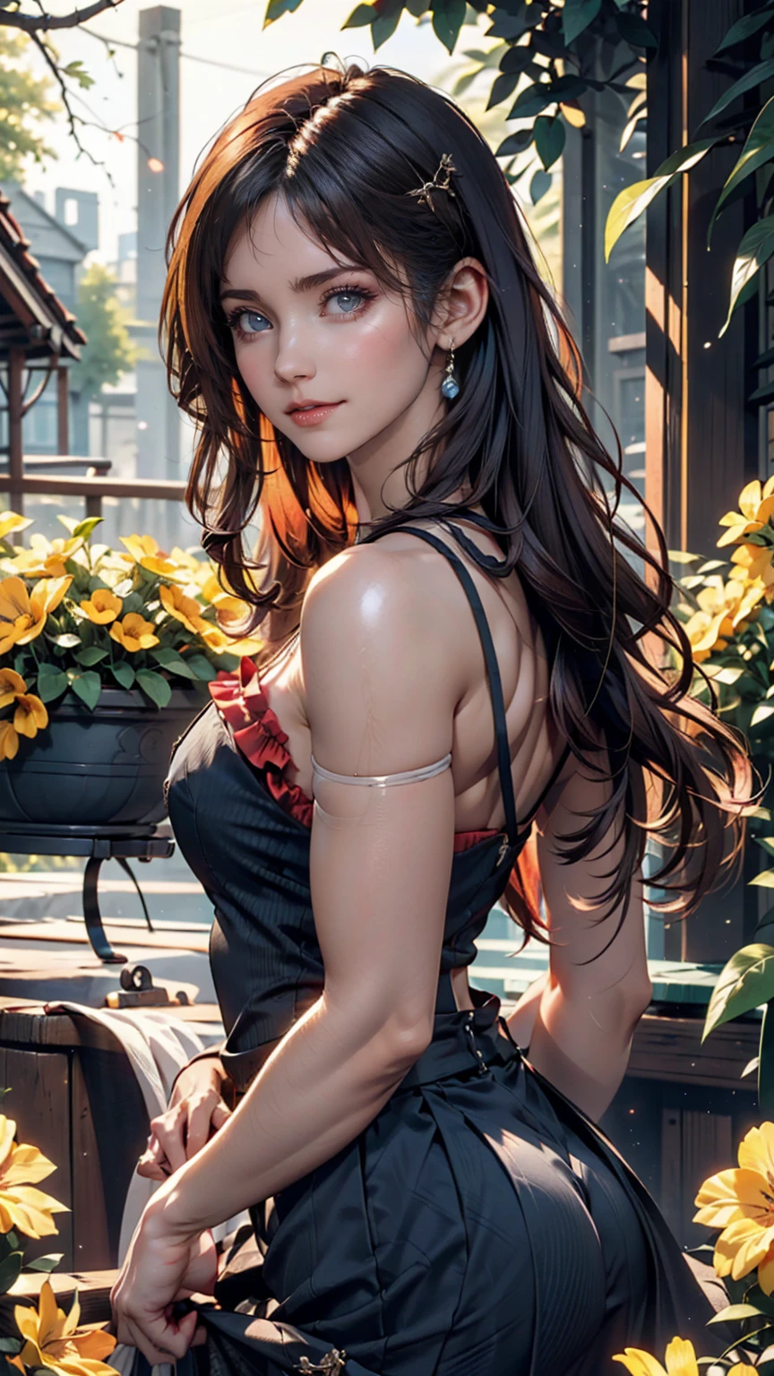 (Absurd, High resolution, Super detailed), masterpiece, Hinata(bolt), ((alone)), One girl,Medium chest, Long purple Victorian dress, Mouth closed, (((Long Hair))),Are standing, Bodice and skirt patterns, Frilled Skirt, race, Blinking blinking effect, (((Detailed lips))), garden, Pink and yellow flowers, ((Realistic Skin)), Glowing Skin, ((Glossy Red Lips)), Purple eyes, Portraiture, beautiful, smile, (((Dark blue hair))), Bust Crop, Normal skin