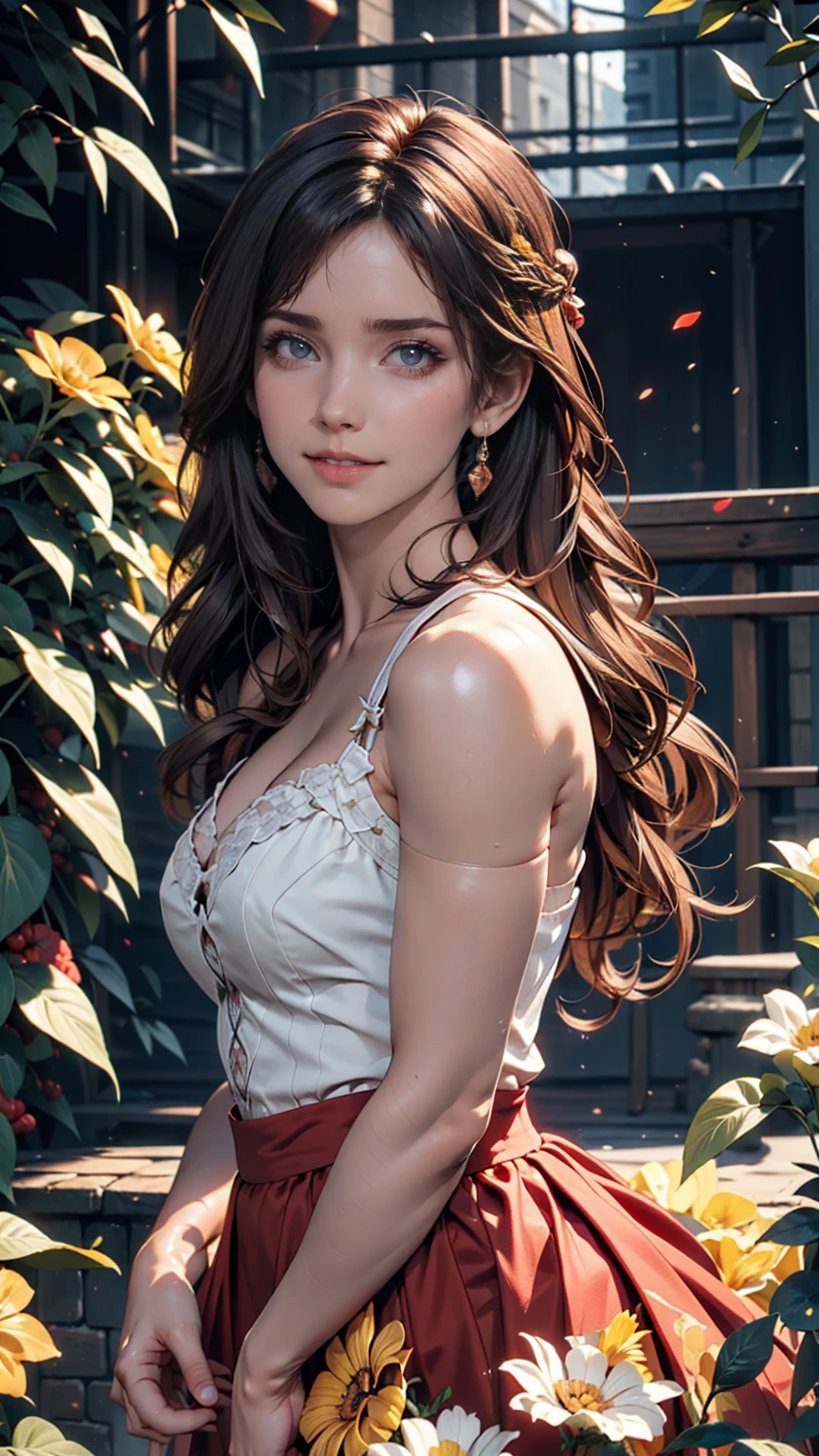 (Absurd, High resolution, Super detailed), masterpiece, Hinata(bolt), ((alone)), One girl,Medium chest, Long purple Victorian dress, Mouth closed, (((Long Hair))),Are standing, Bodice and skirt patterns, Frilled Skirt, race, Blinking blinking effect, (((Detailed lips))), garden, Pink and yellow flowers,  ((Realistic Skin)), Glowing Skin, ((Glossy Red Lips)), Purple eyes, Portraiture, beautiful, smile, (((Dark blue hair))), Bust Crop, Normal skin