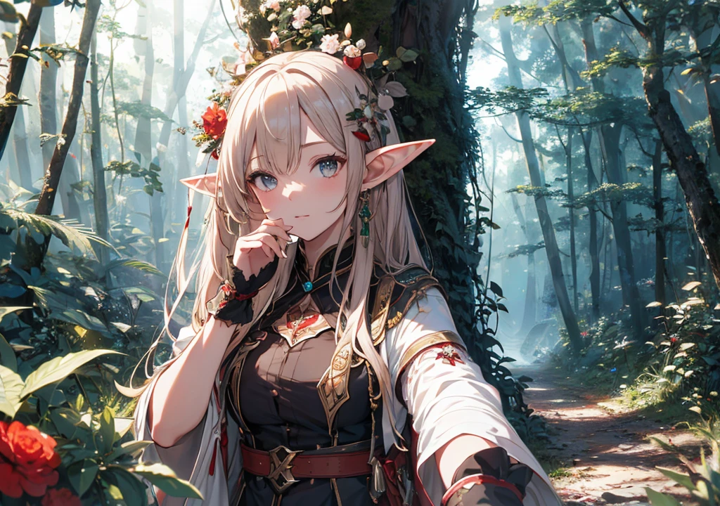Realistic photos, Focus distance 10mm, Red and white, Beautiful girl, Realistic photos, Shooting at focus distance 10mm, masterpiece, 最high quality, high quality, Very detailed CG 8k wallpaper unit, Award-winning photography, Depth of written boundary, High resolution, bloom, chromatic aberration, Realistic, Very detailed, Art Station Trends, CGsociety Trends, Complex, High detail, dramatic, Art on the go, volumetric lighting, A beautiful girl with elf ears is wearing beautiful Celtic accessories in a lush forest