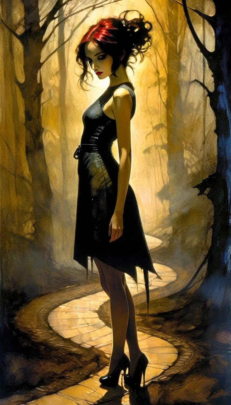 winding path, between shadows, oil painting, chiaroscuro, sensual, dramatic lighting, moody atmosphere, photorealistic, intricate details, masterpiece, ultra-detailed, high quality, 8k, best quality, realistic, cinematic, dark and brooding, expressionistic, powerful composition, emotional impact, 
art inspired by Bill Sienkiewicz and dave mckean
