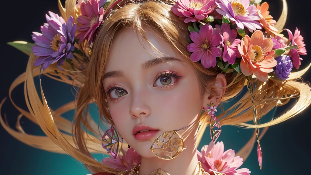32K, 最高quality, 最高masterpiece, (ultra-Detailed Background, Detailed Background), High resolution, Super detailed, Very detailedな, One girl, (bouquet:1.3), (Tangled:1.2), (Geometric:1.2),(colorful),(masterpiece, quality, best quality, Official Art, Beautiful and beautiful:1.2), (1 girl:1.3), Very detailed,(colorful:1.1)(Flowers:1.3),Most detailed,(Tangled:1.2), whole body, (Abstract background:1.3), (Skin glows), (Many colors:1.4), ,(Earrings Jewelry:1.5), Gradient pink background,