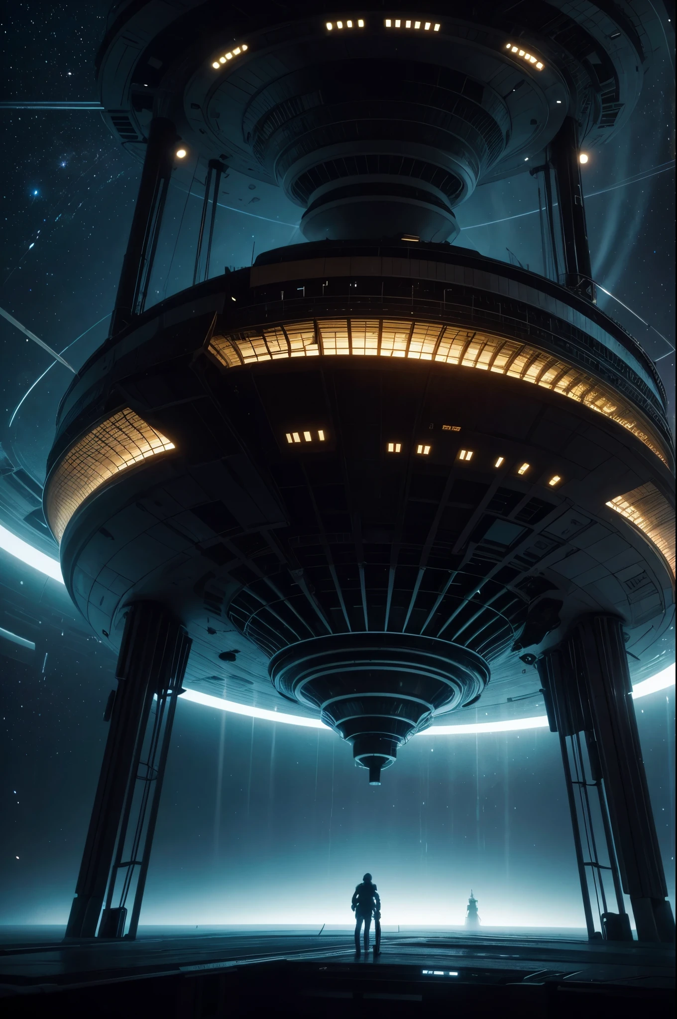 An image of a colossal sized ark-shaped spaceship, floating in space with planet Earth in the background. The ship must have an imposing and massive structure, with a futuristic and aerodynamic design. Large thrusters are located at the rear of the ship, emitting an intense and bright light, suggesting the power needed to move such a vast structure. The surface of the ship must have intricate details, as metal panels, antennae, and small lights indicating indoor activity. Planet Earth in the background should be clearly visible, with continents and oceans outlined, shrouded in the darkness of space. The image must convey the grandeur of the ship and the immensity of space, with a touch of mystery and technological advancement.
