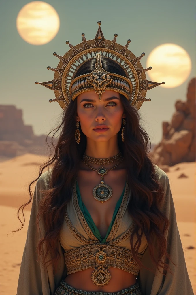 a beautiful fremen woman, intricate ornate headpiece, piercing blue eyes, high cheekbones, delicate facial features, parted lips, flowing robe, desert landscape, twin suns in sky, blowing sand, rocky cliffs, cinematic lighting, muted color palette, atmospheric haze, (best quality,8k,highres,masterpiece:1.2),ultra-detailed,(photorealistic:1.37)