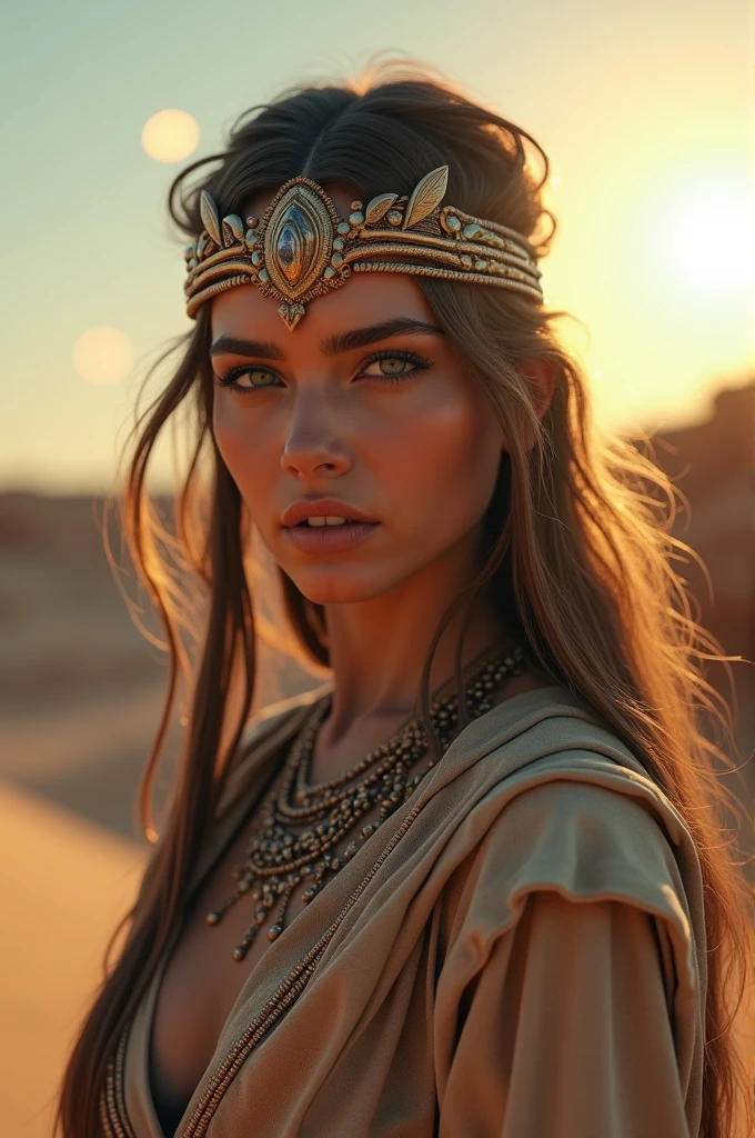 a beautiful fremen woman, intricate ornate headpiece, piercing blue eyes, high cheekbones, delicate facial features, parted lips, flowing robe, desert landscape, twin suns in sky, blowing sand, rocky cliffs, cinematic lighting, muted color palette, atmospheric haze, (best quality,8k,highres,masterpiece:1.2),ultra-detailed,(photorealistic:1.37)