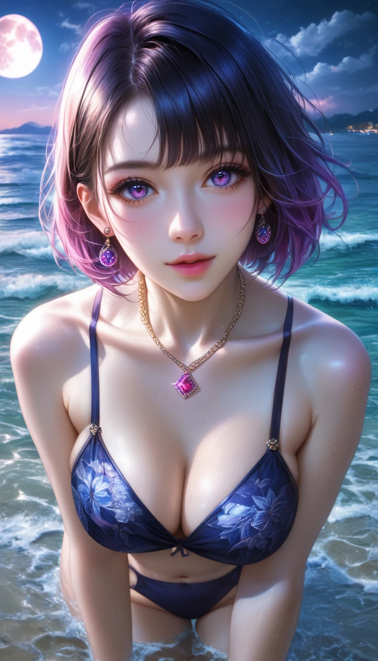 score_9, score_8_superior, score_7_superior, A masterpiece in 32K resolution,Highest quality,it is really amazing,Very detailed,Ultra-high resolution,Ultra-realistic,Realistic,Increased depth of field,Cinematic lighting,
Elegant Japanese woman,
Black bob cut short hair,Ultra-detailed and beautiful face,Gentle expression,Translucent white skin,Realistic skin texture,
Sexy Swimwear,
Bold design,Artistic design,Beautiful and detailed pattern,Detailed fabric texture,
Gorgeous necklace,Earrings,
Coastline at night,Giant Moon,Dark clouds floating in the dark night sky,
High angle,