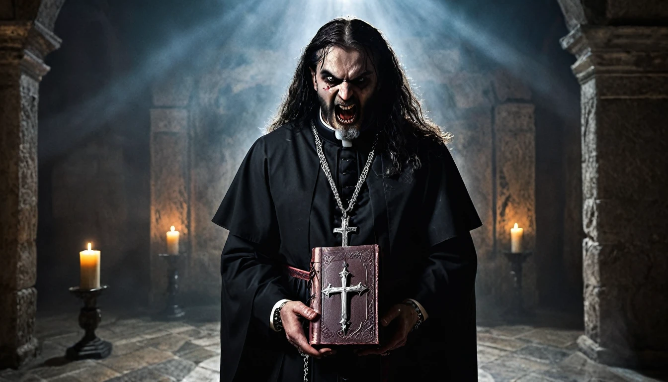 Aticano exorcising a werewolf. Scenario: an ancient stone enclosure inside the Vatican, with cold, damp walls, lit only by flickering candles that cast dancing shadows. Heavy chains hang from the walls, creating an oppressive and claustrophobic atmosphere. Personagens: a cardinal, chief of priests, wearing traditional Vatican costumes, holding a crucifix and an ancient book of exorcisms, with an expression of determination mixed with fear; A werewolf, a fierce creature with glowing eyes and sharp teeth, tied with silver chains, Fighting Against Restrictions, with an expression of pain and fury. atmosphere: the scene must be scary, dark and convey a sense of fear and terror.