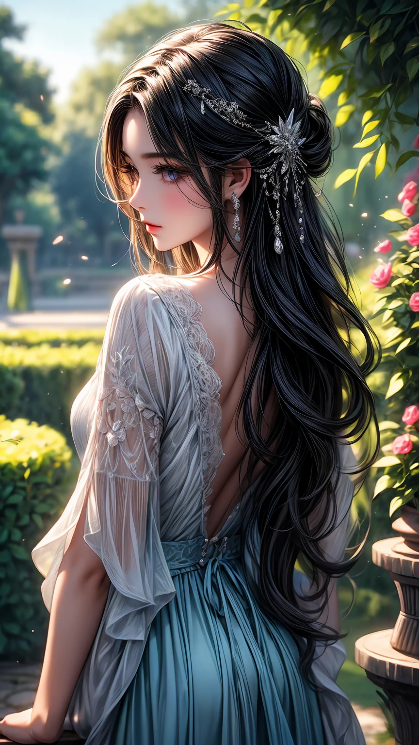girl in the garden,detailed and beautiful eyes,detailed eyes､beautiful detailed lips,Highly detailed eyes and face,black eyes､long eyelashes,figure,Super detailed,最high quality,4K, 8k,High resolution,masterpiece:1.2,Ultra-fine painting,sharp focus,Professional,Bright colors､sexly､masterpiece, 最high quality, high quality, High resolution､cinematic lighting､((view from behind))