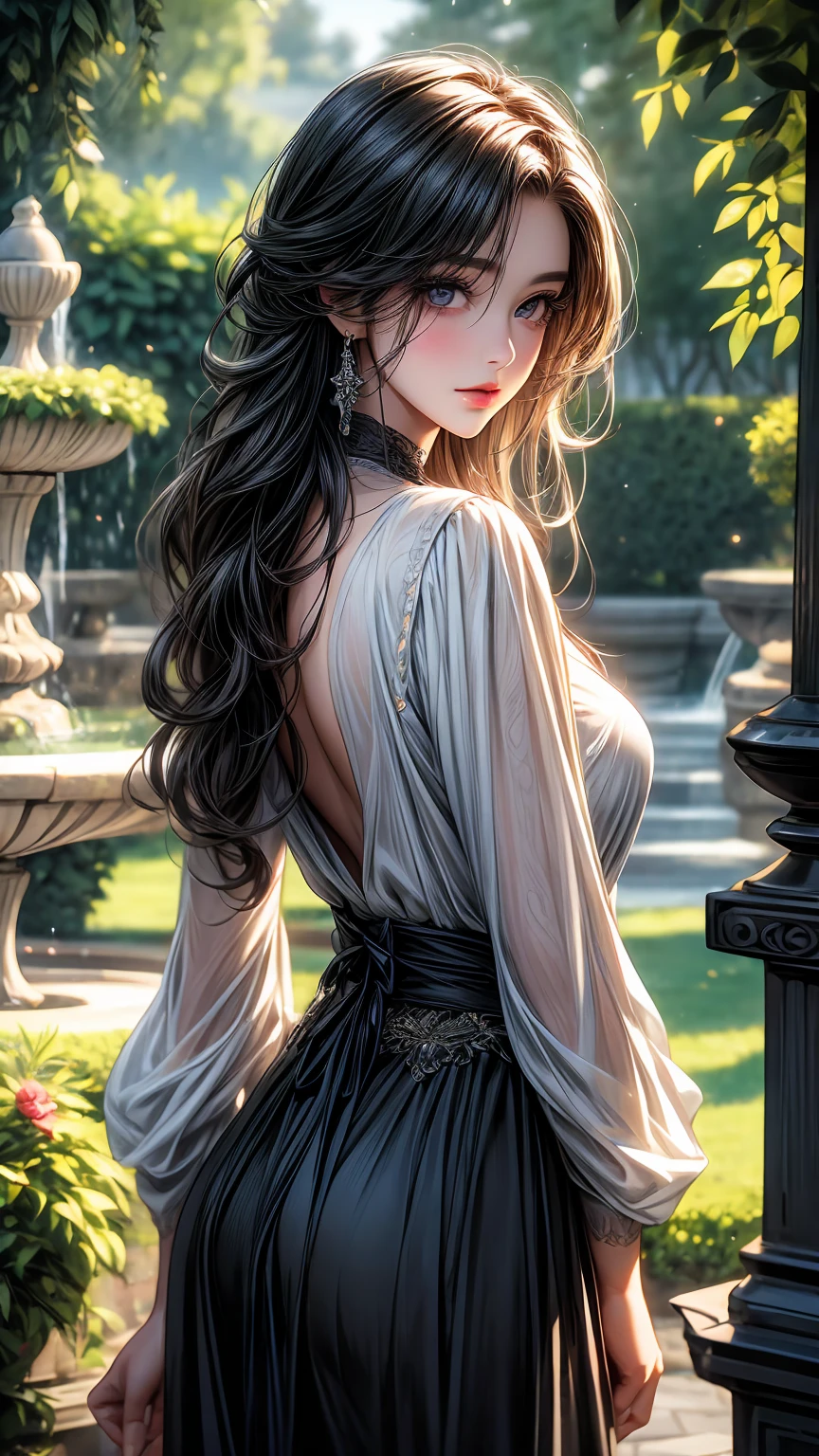 girl in the garden,detailed and beautiful eyes,detailed eyes､beautiful detailed lips,Highly detailed eyes and face,black eyes､long eyelashes,figure,Super detailed,最high quality,4K, 8k,High resolution,masterpiece:1.2,Ultra-fine painting,sharp focus,Professional,Bright colors､sexly､masterpiece, 最high quality, high quality, High resolution､cinematic lighting､((view from behind))