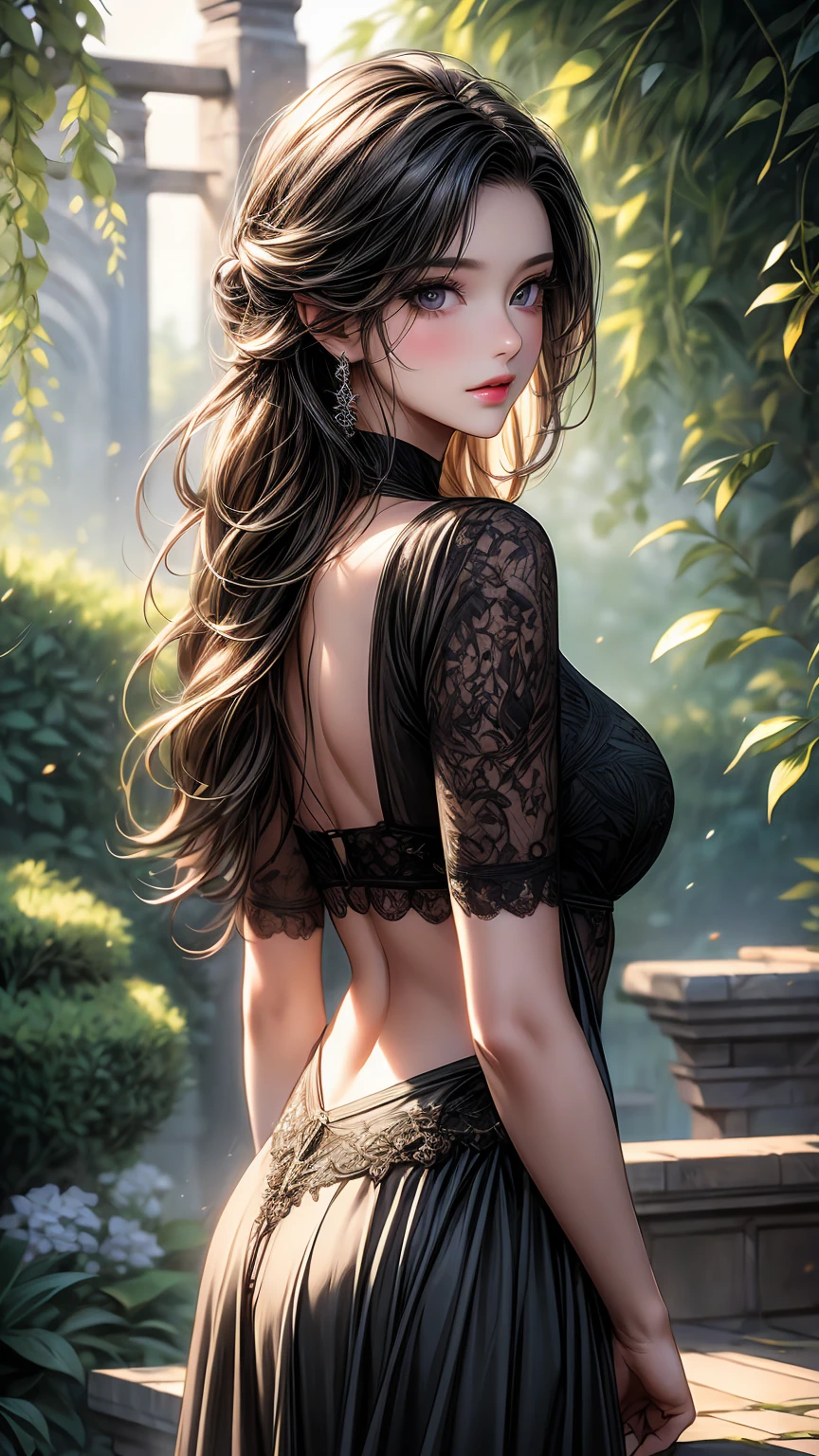 girl in the garden,detailed and beautiful eyes,detailed eyes、beautiful detailed lips,Highly detailed eyes and face,black eyes、long eyelashes,figure,Super detailed,最high quality,4K, 8k,High resolution,masterpiece:1.2,Ultra-fine painting,sharp focus,Professional,Bright colors、sexly、masterpiece, 最high quality, high quality, High resolution、cinematic lighting、((view from behind))