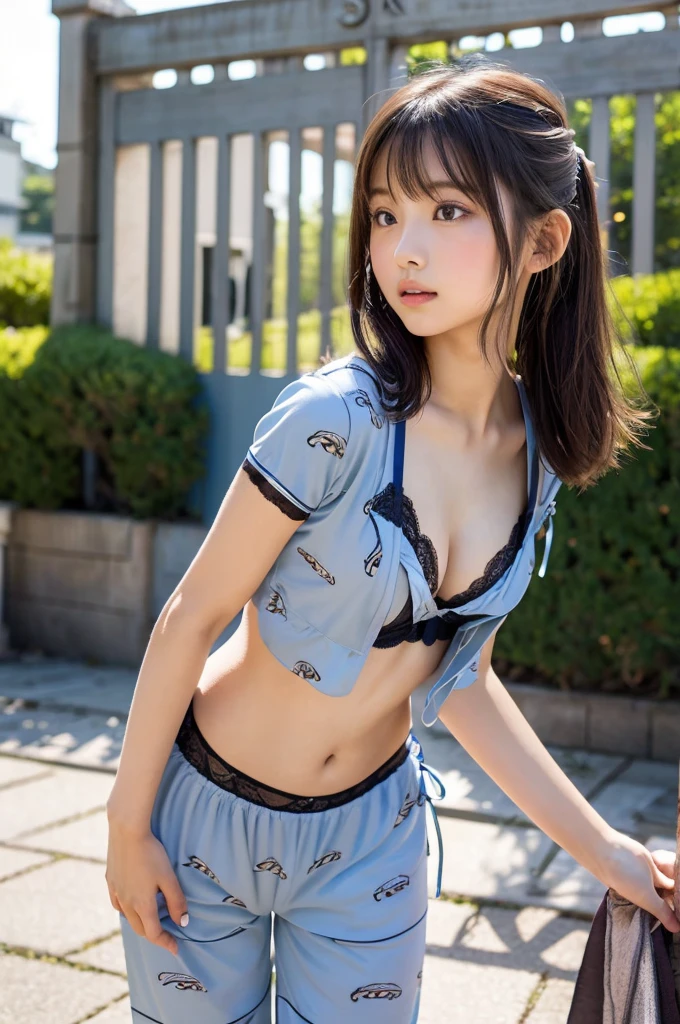 Japanese,,Innocent face,Teenage Girle,Primary school students,private elementary school,uniform,Summer clothes,Are standing,Entrance ceremony,In front of the school gate,from the front,Close-up photo from the waist up,double bun,blunt bangs,,short hair,Hair Clip,(((3-piece bust enhancing lingerie、Erotic pajama set、Pure demand、sexy、))),Split squats,(expand the vagina yourself:1.5)