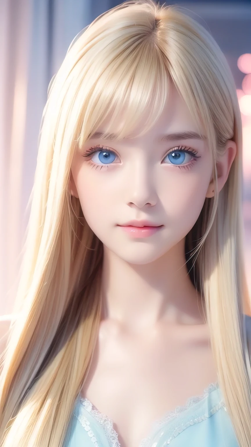Crystal clear and shiny skin、Cute 13 year old with beautiful face、Very large, beautiful, bright, pale sky blue eyes、Very big eyes、Super long straight hair that shines in the light、Long, silky bangs that cover her cute eyes、Hair that hides sexy features、too long bangs、Sexy and cute young beauty、Super long natural young blonde hair with sparkling highlights Blonde over one eye Blonde over one eye、Blonde hair between the eyes