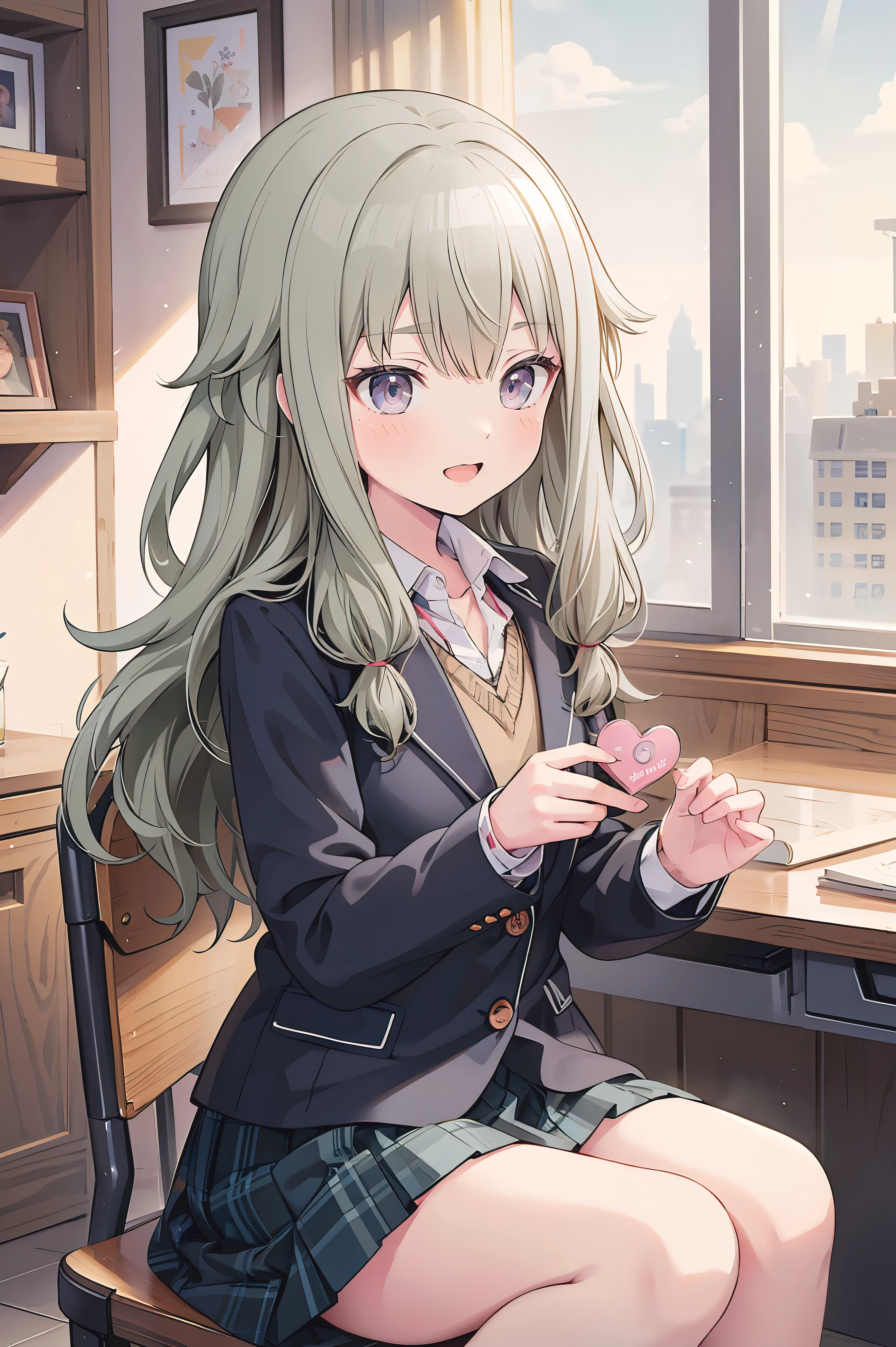 (8k, 最high quality)、Ultra-high resolution、adorable、最high quality, beautiful, (((Absurd beauty)))、masterpiece、Best image quality、(Front facing)、good feeling、smile,Face the camera、Delicate eyes、smile、Small face、female、1 person、masterpiece, Most detailed、school uniform、blazer、skirt、 high quality、♡、heart、Shiny Hair、Very fine and beautiful bright eyes、Medium chest、nose blush、Very detailed, clear and beautiful face, Awards, (Anatomically correct)