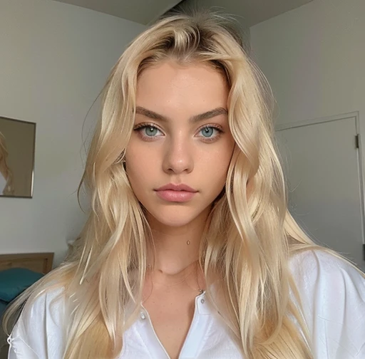italiana from , white blonde ,angelic and tender face , Long straight hair and thick waves Blonde with light roots , in the bedroom, badass clothings ,(( foto realisitic), ((normal breasts )),((rosto angelical)),((foto entera de cuerpo with badass clothing ),((hair blonde com raiz )), ((badass clothing) hair blonde ,clear blue eyes , complete body ,realisitic, a very elegant, of heavenly roots, hair blonde, badass clothing , white undershirt, from 17 years old