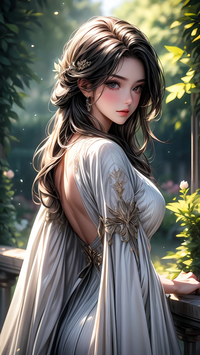 girl in the garden,detailed and beautiful eyes,detailed eyes､beautiful detailed lips,Highly detailed eyes and face,black eyes､long eyelashes,figure,Super detailed,最high quality,4K, 8k,High resolution,masterpiece:1.2,Ultra-fine painting,sharp focus,Professional,Bright colors､sexly､masterpiece, 最high quality, high quality, High resolution､cinematic lighting､((view from behind))