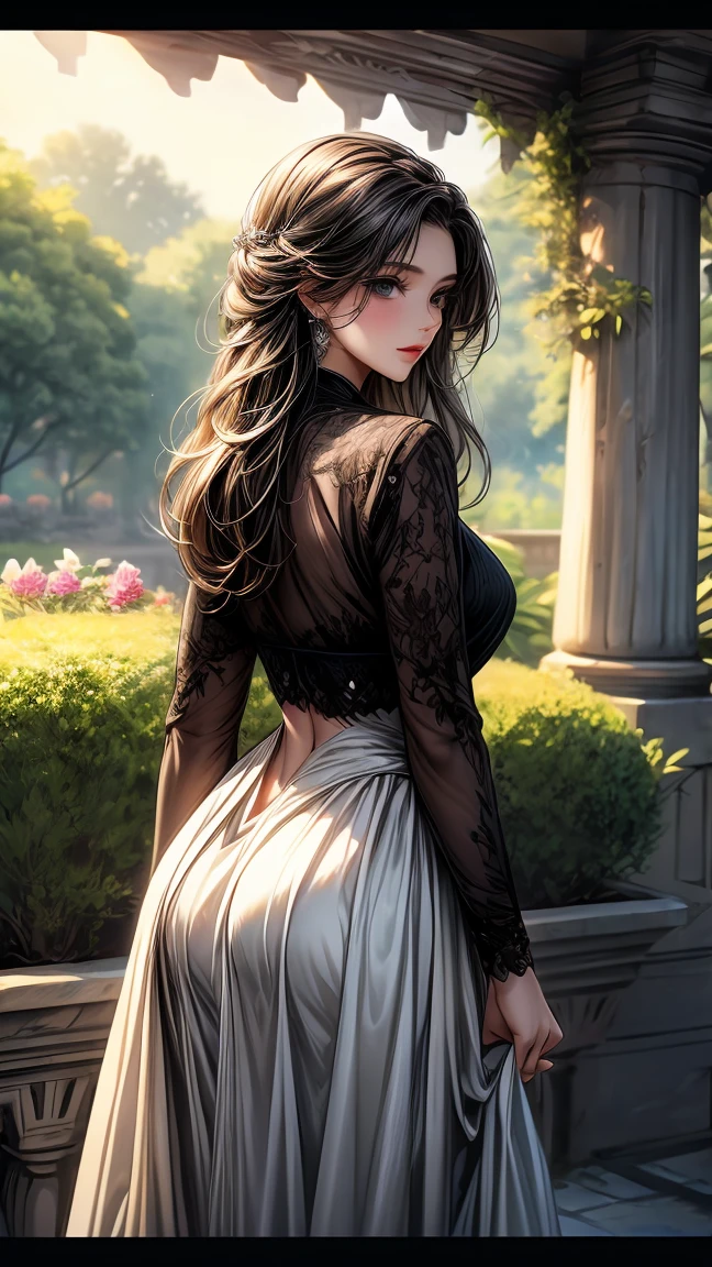 girl in the garden,detailed and beautiful eyes,detailed eyes、beautiful detailed lips,Highly detailed eyes and face,black eyes、long eyelashes,figure,Super detailed,最high quality,4K, 8k,High resolution,masterpiece:1.2,Ultra-fine painting,sharp focus,Professional,Bright colors、sexly、masterpiece, 最high quality, high quality, High resolution、cinematic lighting、((view from behind))