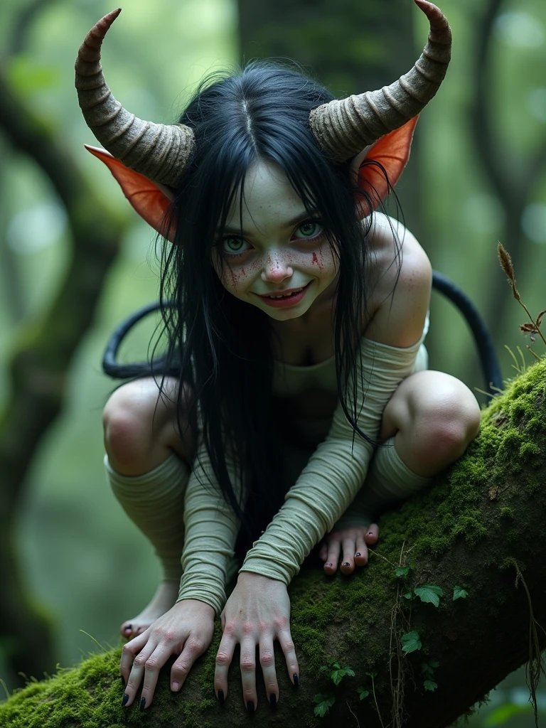 extremely detailed, realism, (monster girl on mossy tree branch:1.1), moss-covered branch, wood, monster girl, crouched:1.1, curled horns, medium breasts, big eyes, dark forest canopy, glowing eyes, big claws, big eyes, pale skin, bandages, long hair, looking at viewer, leaves, (face close-up:1.2), messy hair, skin markings, grey mottled skin, blue skin, long ears, evil smile, (above ground:1.2), hands between feet, tail:1.1, (lying on branch:1.2), (lying on back:1.1), volumetric lighting, young:1.2, from side,