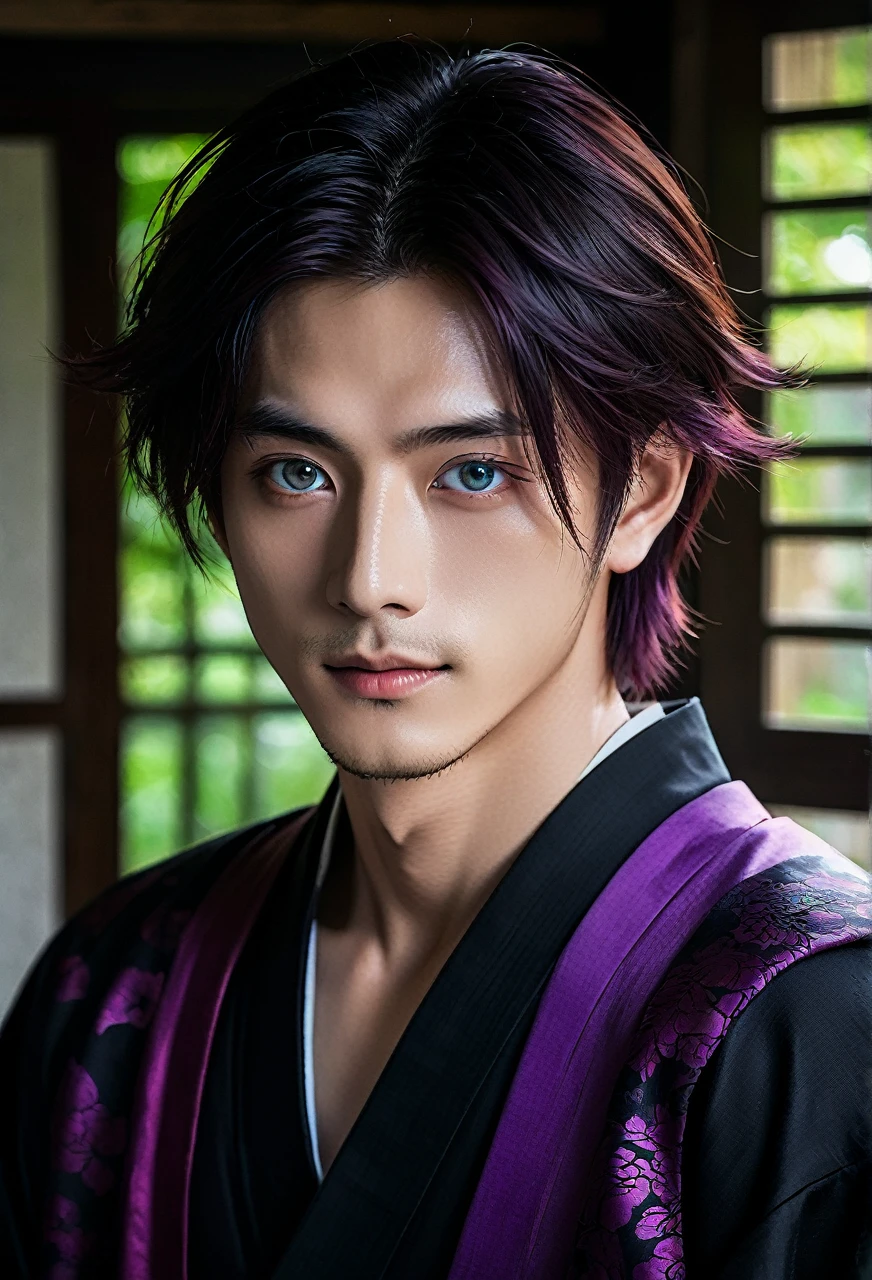 I want a young Japanese man, he has heterochromia, one eye is green and the other is purple, red hair color, and have a naughty smile, make him wearing a black and purple kimono. Um retrato realista, full hd 4k. Different colored eye ires, one purple and one green, heterochromia of different colored eyes, make the image more horror-like with darker colors and lighting as well.