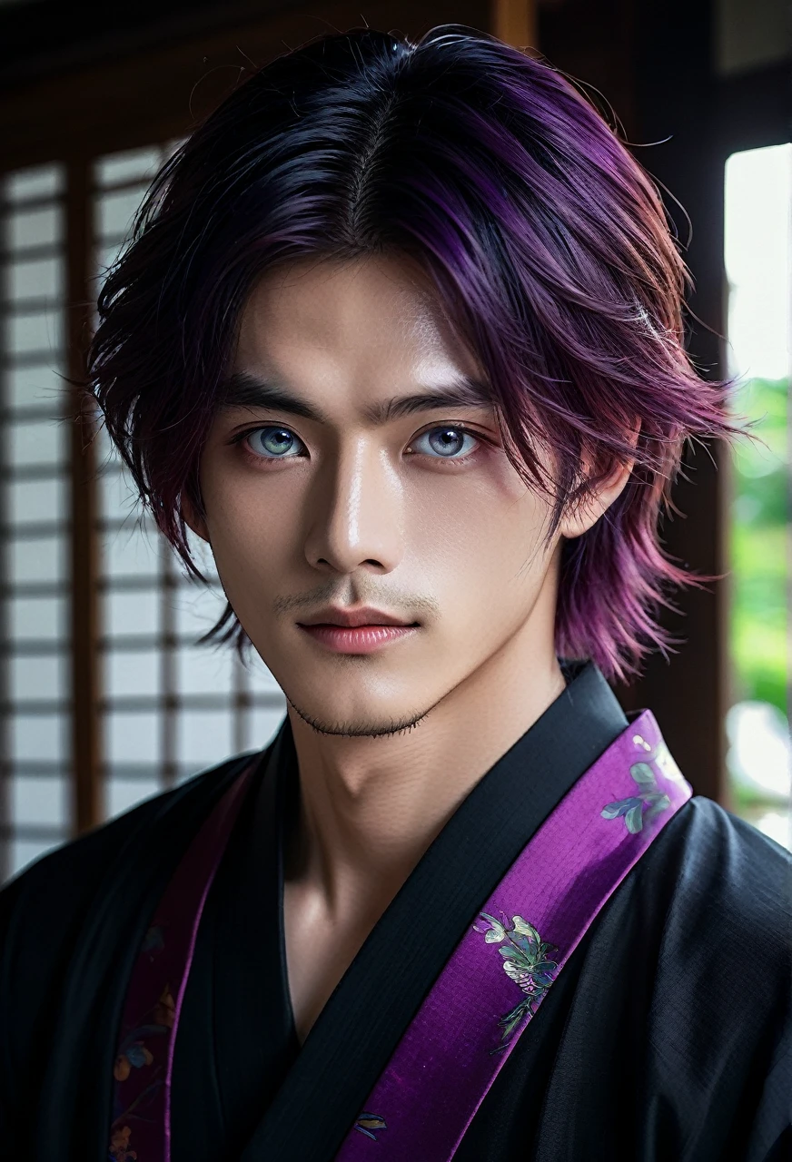 I want a young Japanese man, he has heterochromia, one eye is green and the other is purple, red hair color, and have a naughty smile, make him wearing a black and purple kimono. Um retrato realista, full hd 4k. Different colored eye ires, one purple and one green, heterochromia of different colored eyes, make the image more horror-like with darker colors and lighting as well.
