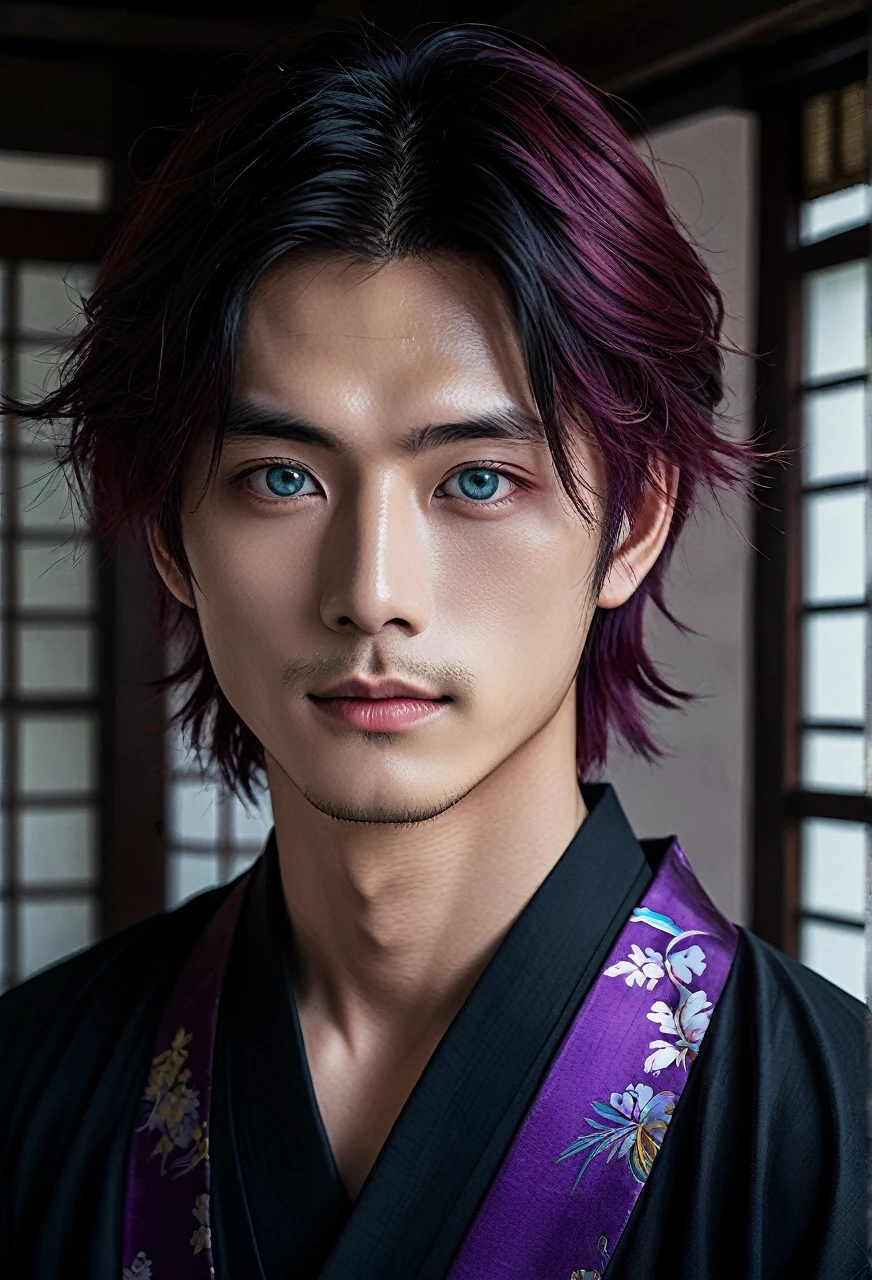 I want a young Japanese man, he has heterochromia, one eye is green and the other is purple, red hair color, and have a naughty smile, make him wearing a black and purple kimono. Um retrato realista, full hd 4k. Different colored eye ires, one purple and one green, heterochromia of different colored eyes, make the image more horror-like with darker colors and lighting as well.