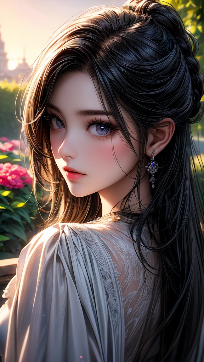 girl in the garden,detailed and beautiful eyes,detailed eyes､beautiful detailed lips,Highly detailed eyes and face,black eyes､long eyelashes,figure,Super detailed,最high quality,4K, 8k,High resolution,masterpiece:1.2,Ultra-fine painting,sharp focus,Professional,Bright colors､sexly､masterpiece, 最high quality, high quality, High resolution､cinematic lighting､((view from behind))
