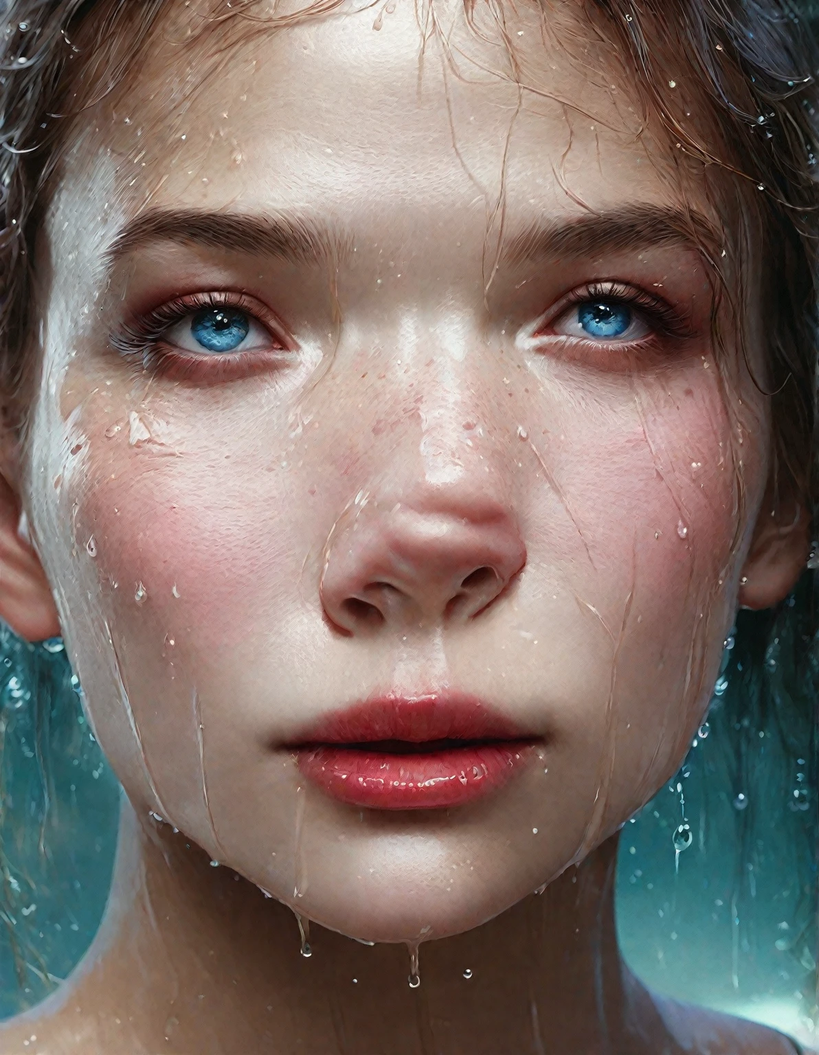 there is a woman with wet hair and blue eyes in the water, rain drops on face, hyperrealistic digital painting, 16k hyper realistic photograph, ultra realistic digital painting, ultra detailed portrait, hyper realistic digital painting, hyper realistic photography, hyper-realistic photography, hyperrealistic digital art, ultra-realistic digital art, close - up portrait shot, close up portrait shot