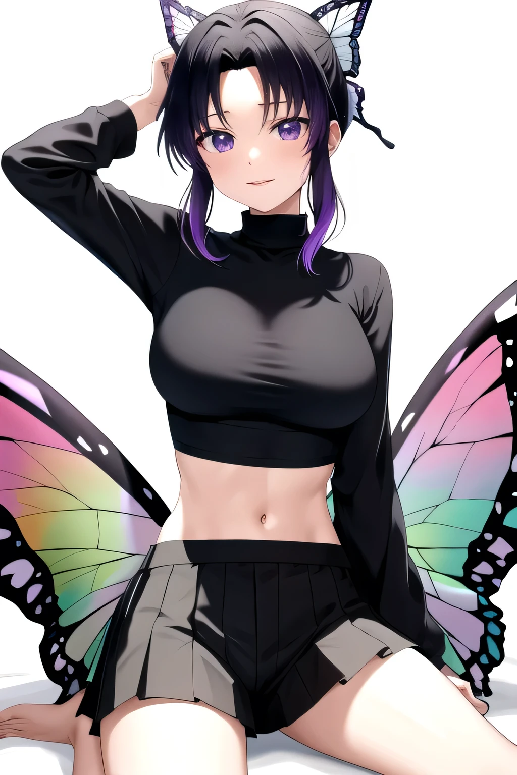 masutepiece, Best Quality, hight resolution, 1girl in, solo, kochou shinobu, Decorate your hair with butterflies, violet eyes, Multi-colored hair, Short hair, Parted bangs, Short shorts, open one's legs, Skirt, Turtleneck Top, Navel Ejection, outside of house, Erotica, large full breasts, Sateen, show through, Black pants