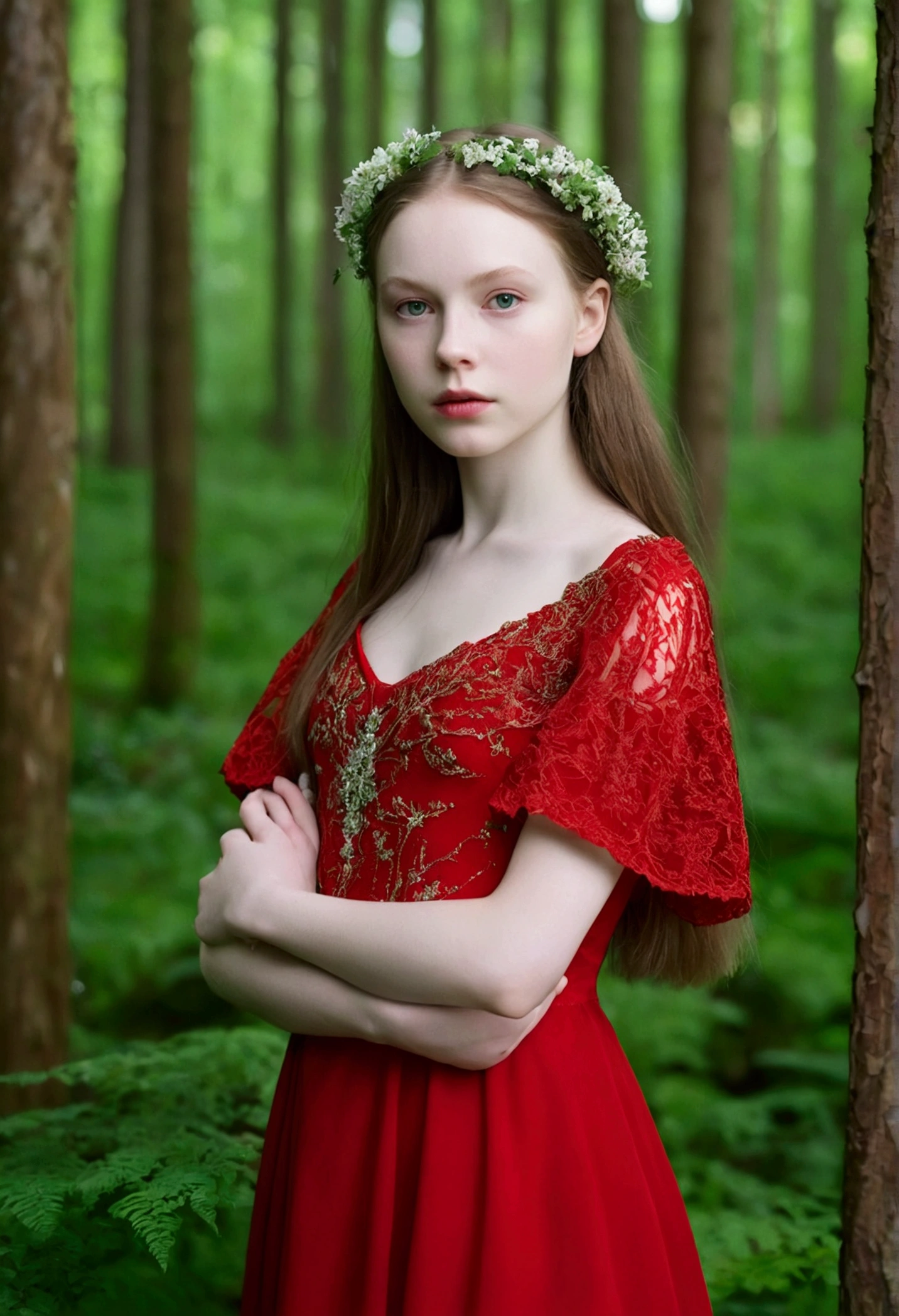 Nordic girl pale skin with neotenic face, 18 years old, wearing a beautiful red dress a lush green forest rich in fauna and flora