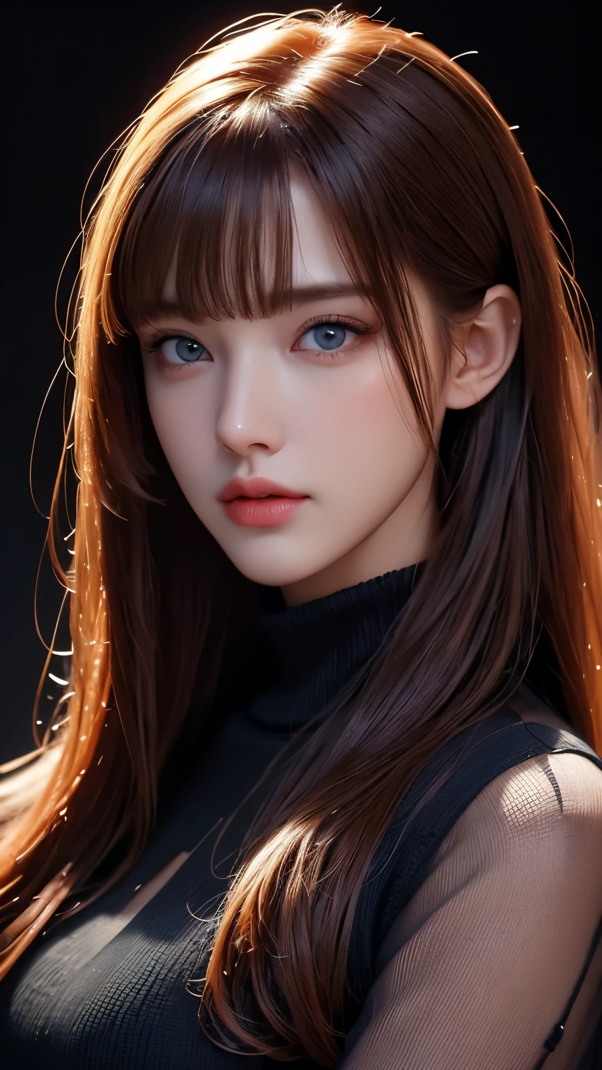 masterpiece, best quality, ultra-detailed, facing the camera head on, intricately detailed hyperdetailed, realistic, sharp features, highly detailed, sharp focus, perfect face, perfect face, perfect symmetrically perfect eyes, perfect full lips, flexible female form, cinematic, film light, hyper detailed, hyper realistic, masterpiece, atmospheric, high resolution, vibrant, dynamic studio lighting, ((Dark background)), Facial expressions when receiving pleasure, straight Bangs, Blue eyes,black sweater, cowboy shot, Big breasts,Red Hair、Red background、Red eyes、