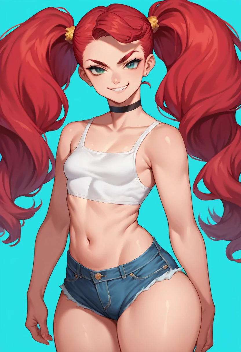 jessie, Red hair, peace sign, ahegao, tilt your head, ((Red bra)), cowboy shot, coxas nuas, ((short jeans curto)), 1 girl, alone, salient smile, gazing at viewer, whole body, poses photos, best qualityer, no flaws
