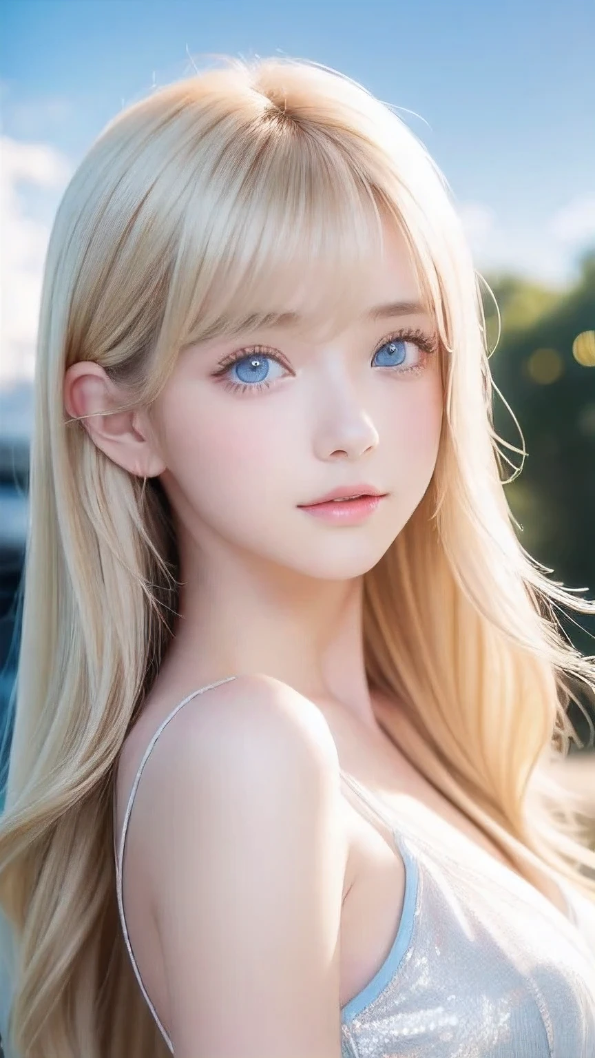 Crystal clear and shiny skin、Cute  13 year old with beautiful face、Very large, beautiful, bright, pale sky blue eyes、Very big eyes、Super long straight hair that shines in the light、Long, silky bangs that cover her cute eyes、Hair that hides sexy features、too long bangs、Sexy and cute young beauty、Super long natural young blonde hair with sparkling highlights Blonde over one eye Blonde over one eye、Blonde hair between the eyes