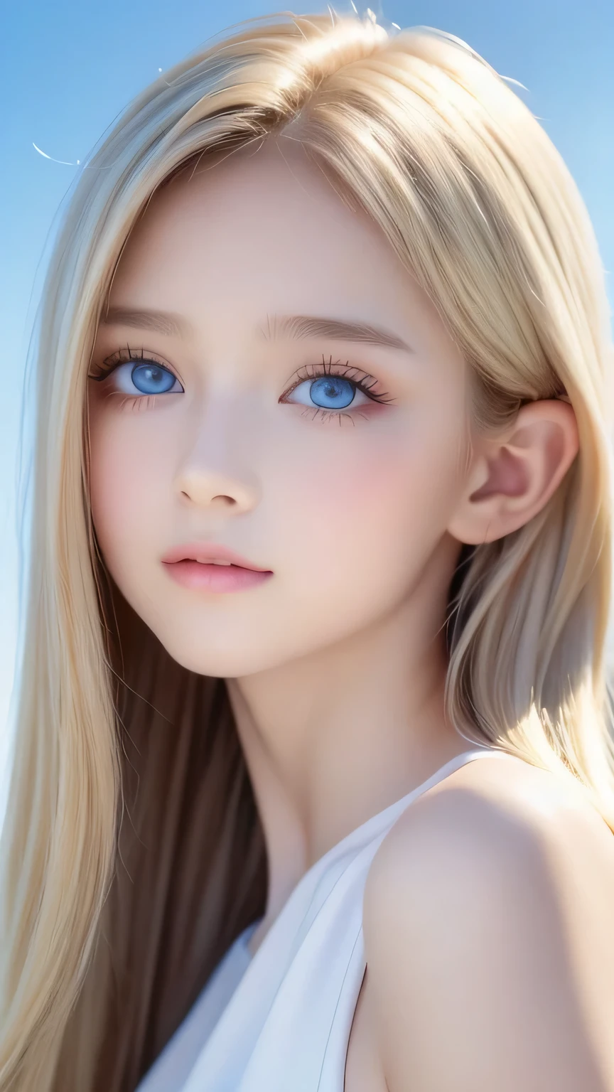 Crystal clear and shiny skin、Cute 13 year old with beautiful face、Very large, beautiful, bright, pale sky blue eyes、Very big eyes、Super long straight hair that shines in the light、Long, silky bangs that cover her cute eyes、Hair that hides sexy features、too long bangs、Sexy and cute young beauty、Super long natural young blonde hair with sparkling highlights Blonde over one eye Blonde over one eye、Blonde hair between the eyes
