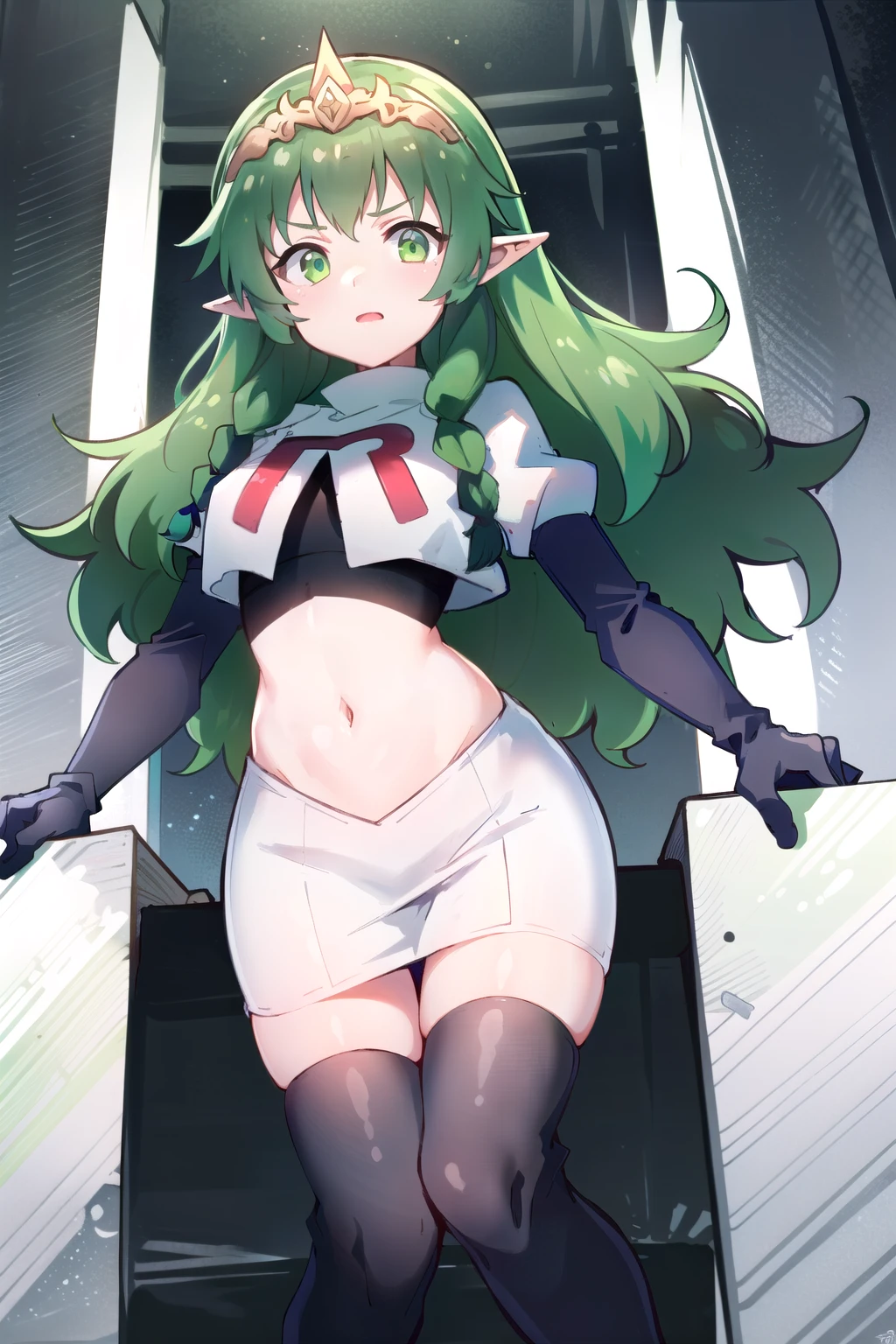 ((ultra detailed, masterpiece, best quality))
FESothis, 1girl, solo, green hair, long hair, green eyes, twin braids, tiara, pointy ears, bridal veil, team rocket,team rocket uniform,white skirt,red letter R,crop top,black thigh-highs,black elbow gloves