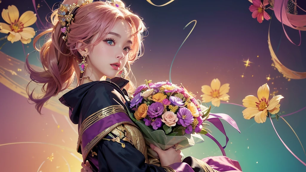 32K, 最高quality, 最高masterpiece, (ultra-Detailed Background, Detailed Background), High resolution, Super detailed, Very detailedな, One girl, (bouquet:1.3), (Tangled:1.2), (Geometric:1.2),(colorful),(masterpiece, quality, best quality, Official Art, Beautiful and beautiful:1.2), (1 girl:1.3), Very detailed,(colorful:1.1)(Flowers:1.3),Most detailed,(Tangled:1.2), whole body, (Abstract background:1.3), (Skin glows), (Many colors:1.4), ,(Earrings Jewelry:1.5), Gradient pink background,