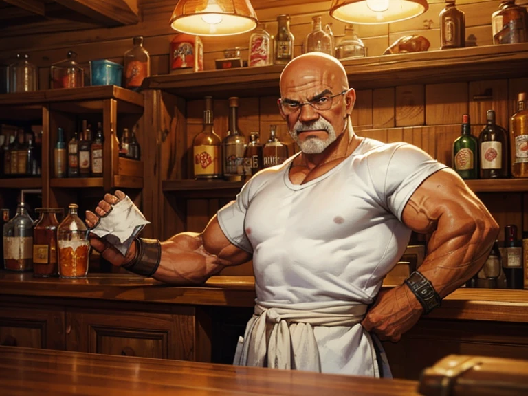 Tavern in the style of the 80s, bar counter, an elderly muscular bald bartender in a white shirt with rolled up sleeves stands behind the counter and wipes a glass with a rag; a bizarre mixture of a medieval tavern and a Soviet canteen, many small environmental details, intricate details, high quality textures, cuttlefish