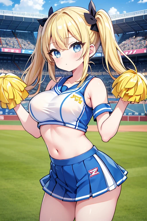 Highest quality,masterpiece,Blonde with blue eyes、cheergirl,Cheerleader,cheerponpon,(HANSHIN koshien BaseballStadium1.1),Be in the audience,Beautiful breasts、Twin tails、Girl&#39;s cute eyes,,jumping,under boob,enjoy,